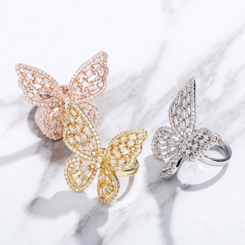 Women's Baguette Stone Butterfly Open Ring Gold With Street Luxury Shine