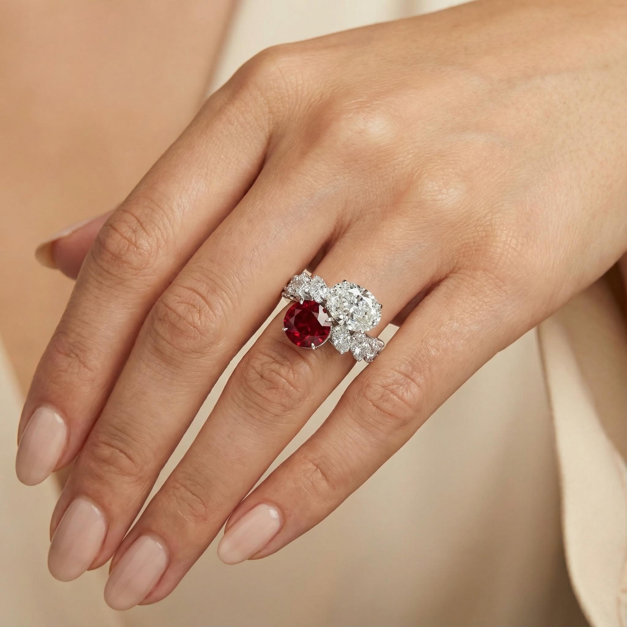 Bold Luxurious Ruby & White Oval Cut Sterling Silver Engagement Ring - Image 3