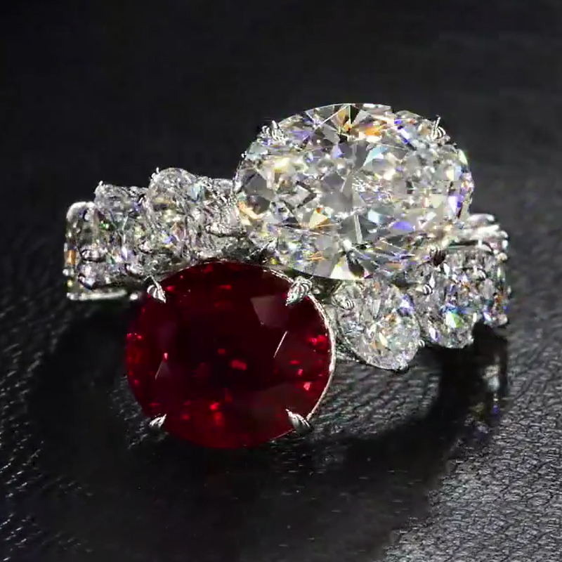 Bold Luxurious Ruby & White Oval Cut Sterling Silver Engagement Ring - Image 4