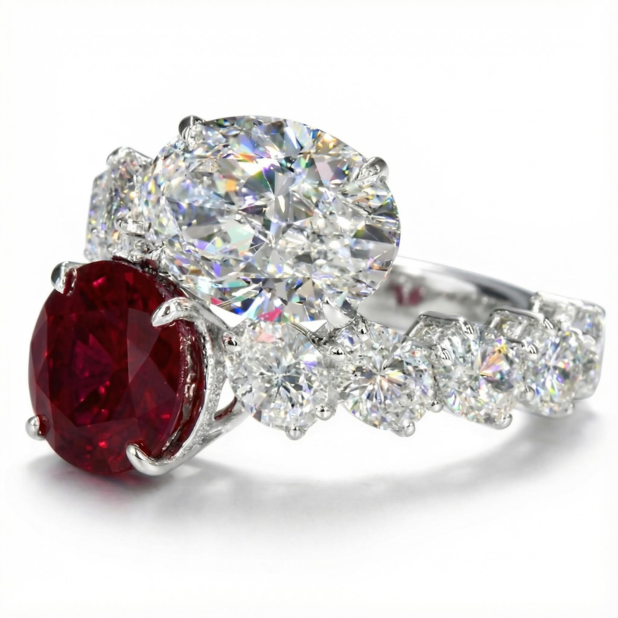 Bold Luxurious Ruby & White Oval Cut Sterling Silver Engagement Ring - Image 5