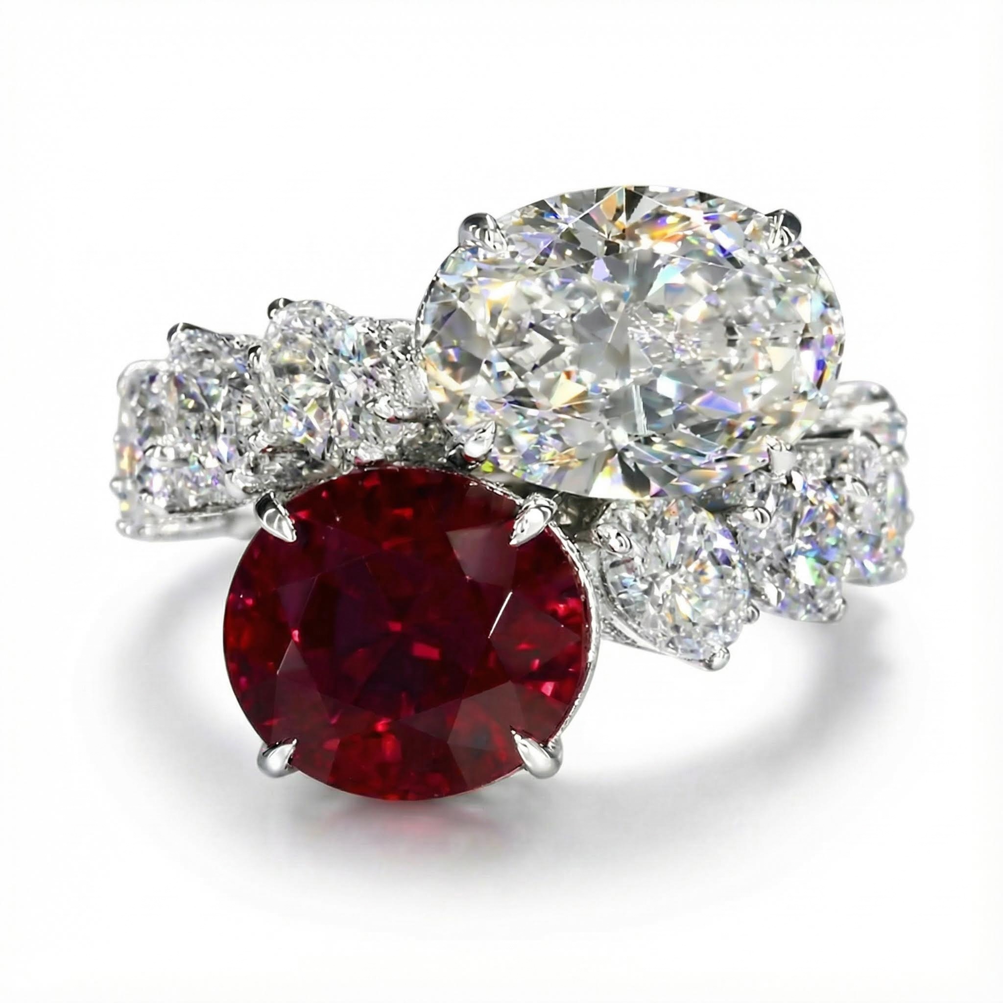 Bold Luxurious Ruby & White Oval Cut Sterling Silver Engagement Ring - Image 6