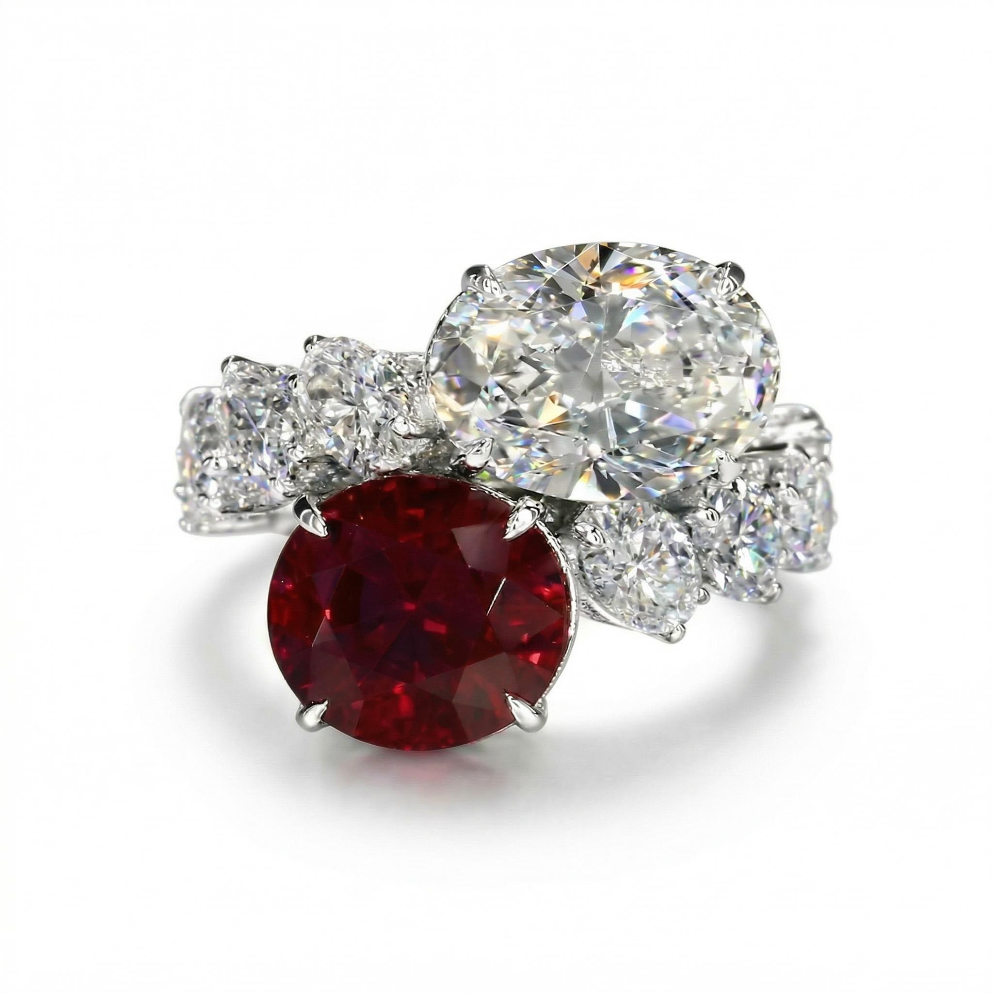 Bold Luxurious Ruby & White Oval Cut Sterling Silver Engagement Ring