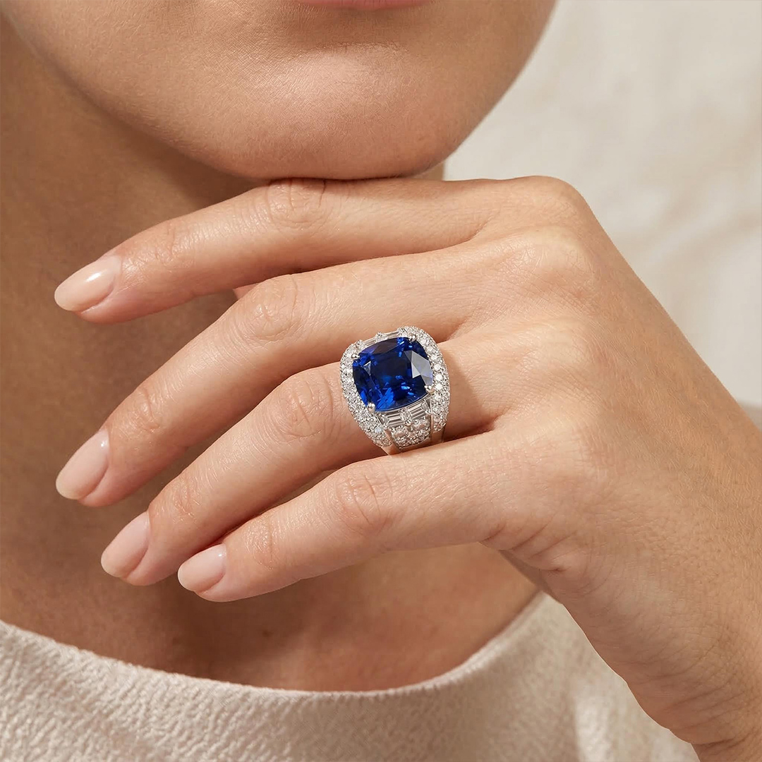 Bold Opulent Iced Out Sapphire Cushion Cut Sterling Silver Engagement Ring - Image 3