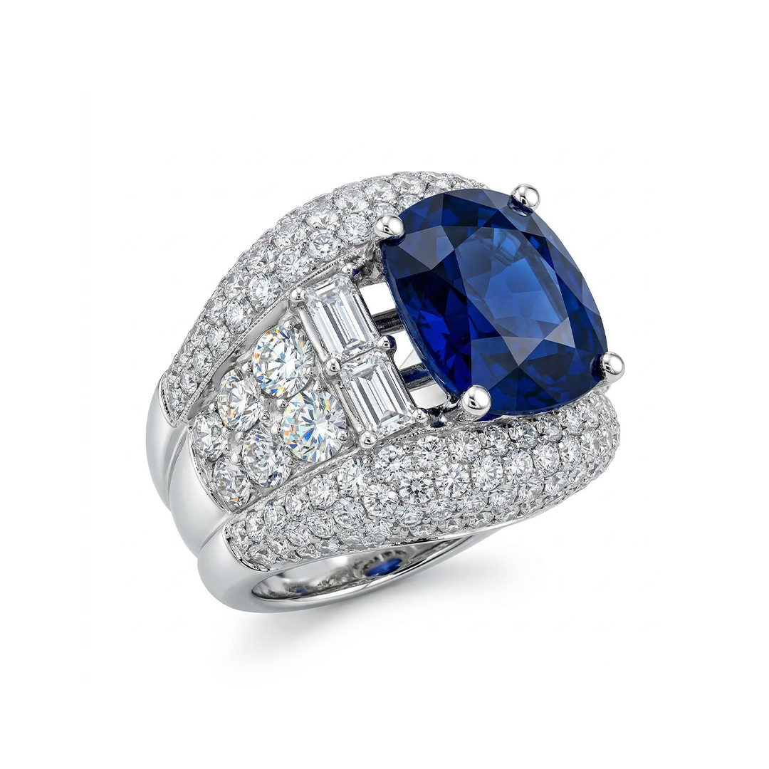 Bold Opulent Iced Out Sapphire Cushion Cut Sterling Silver Engagement Ring - Image 5