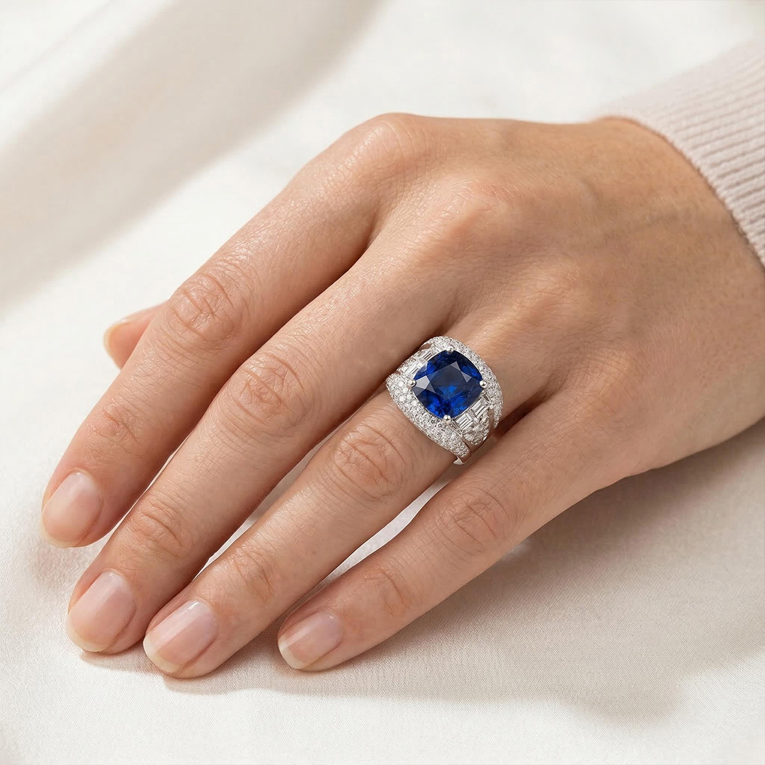 Bold Opulent Iced Out Sapphire Cushion Cut Sterling Silver Engagement Ring - Image 6