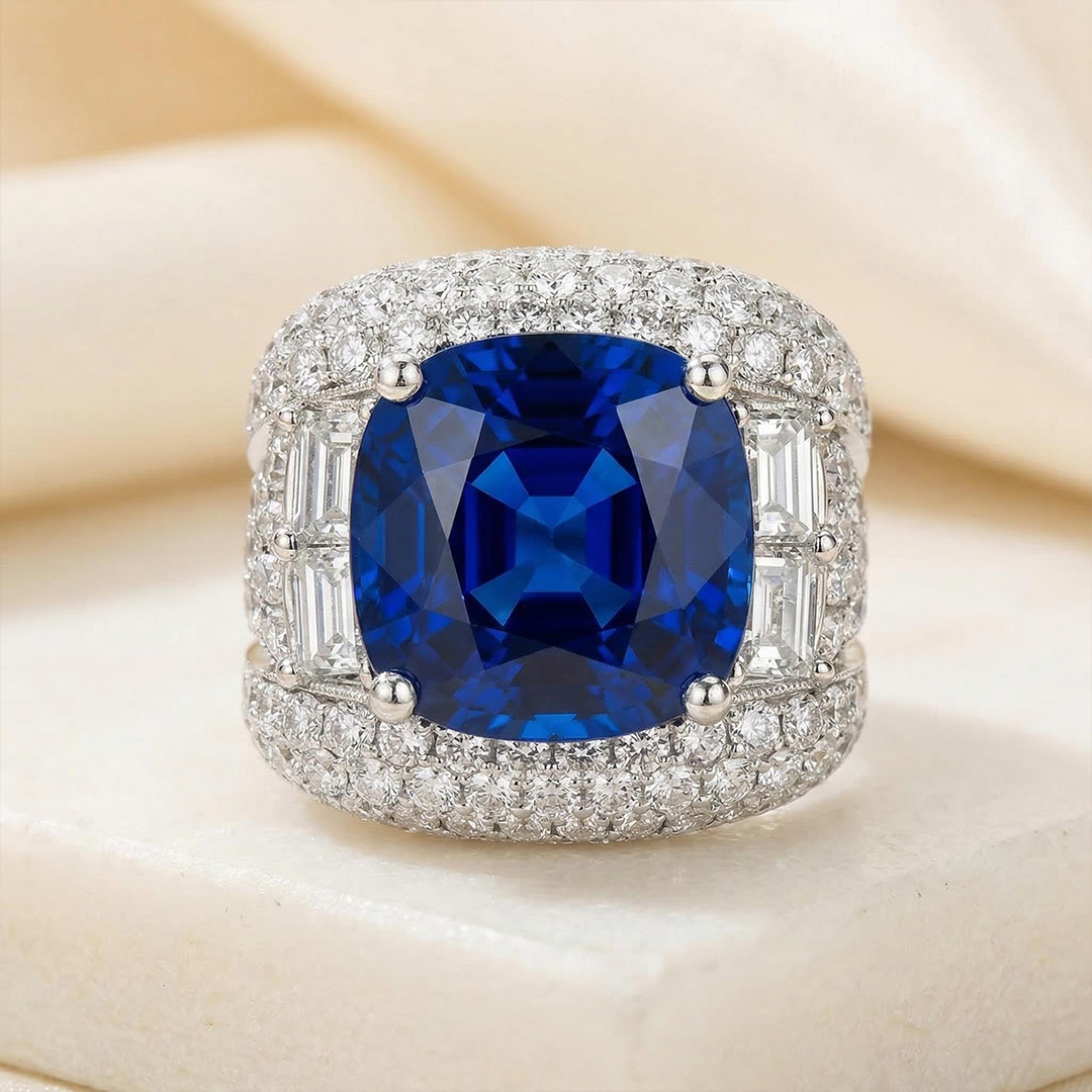 Bold Opulent Iced Out Sapphire Cushion Cut Sterling Silver Engagement Ring - Image 7