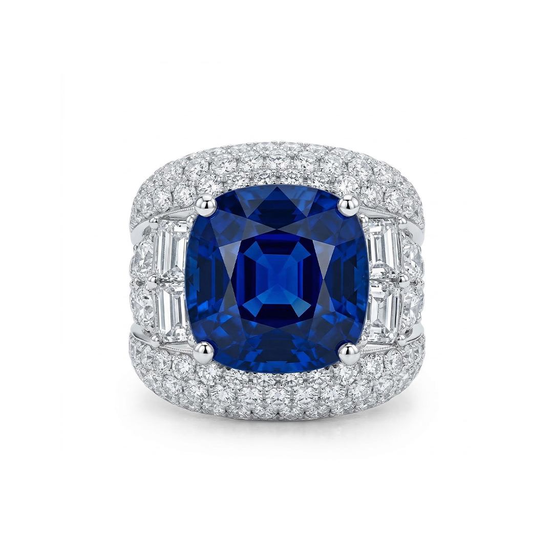 Bold Opulent Iced Out Sapphire Cushion Cut Sterling Silver Engagement Ring