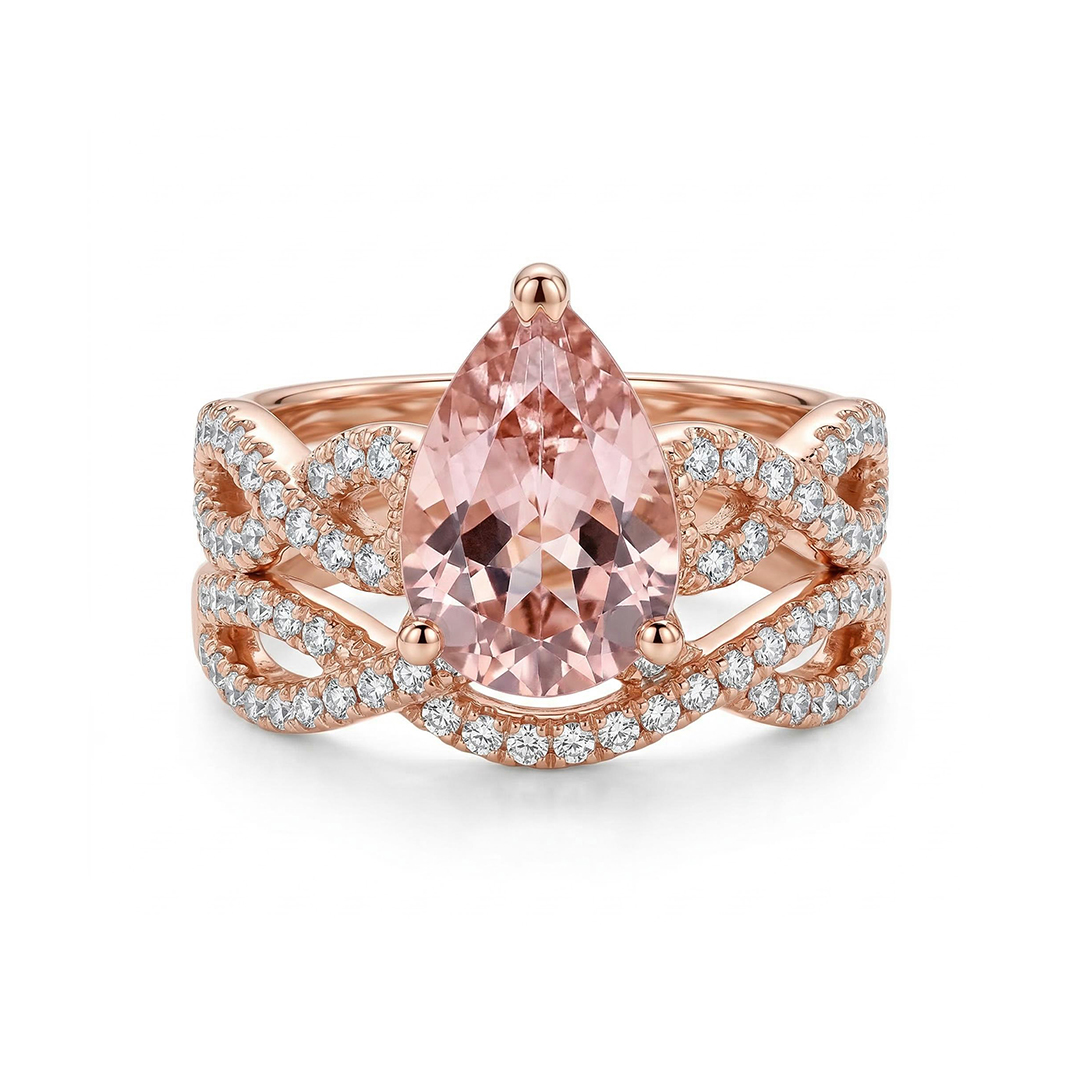 Elegant Morganite Halo Pear Cut S925 Silver Twist Ring Set In 18k Rose Gold - Image 4