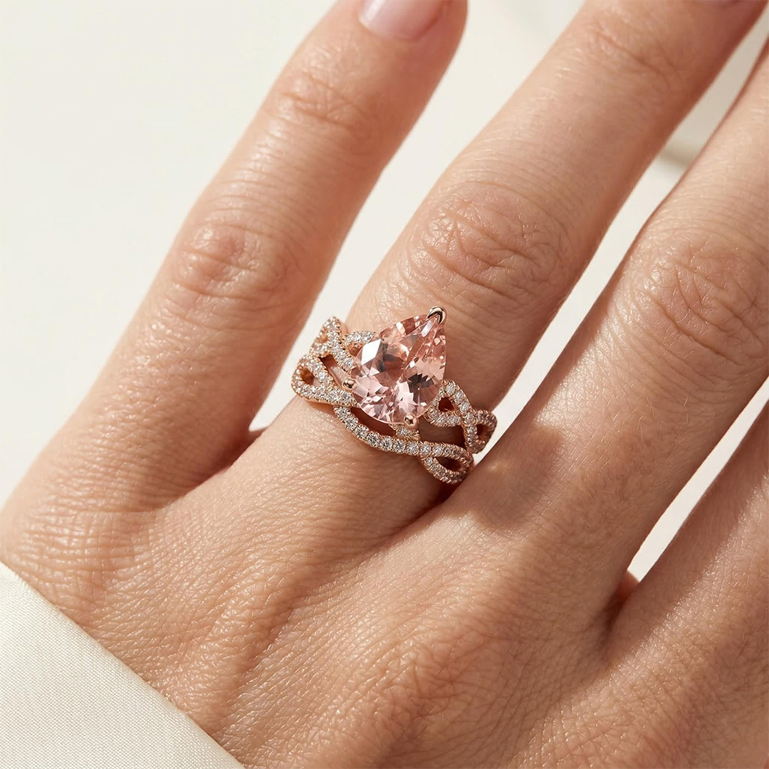 Elegant Morganite Halo Pear Cut S925 Silver Twist Ring Set In 18k Rose Gold - Image 5