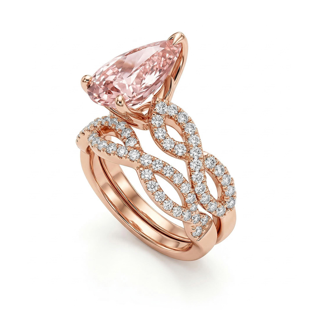 Elegant Morganite Halo Pear Cut S925 Silver Twist Ring Set In 18k Rose Gold - Image 6