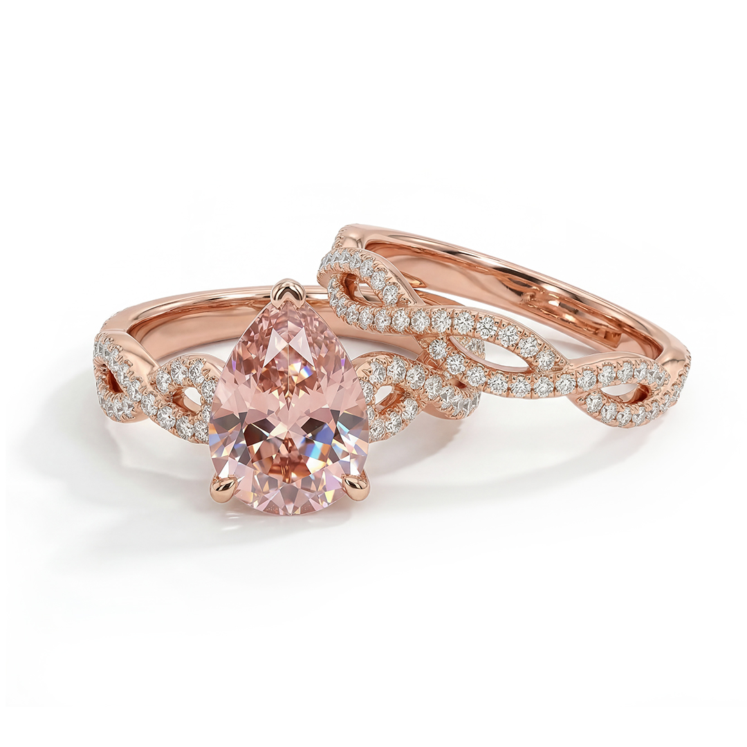 Elegant Morganite Halo Pear Cut S925 Silver Twist Ring Set In 18k Rose Gold