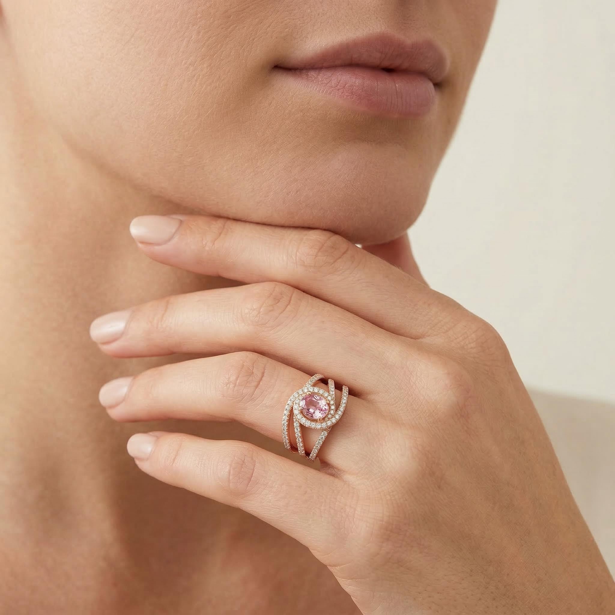 Bold Glittering Waved Oval Cut Engagement Ring In 18k Rose Gold Plated - Image 3