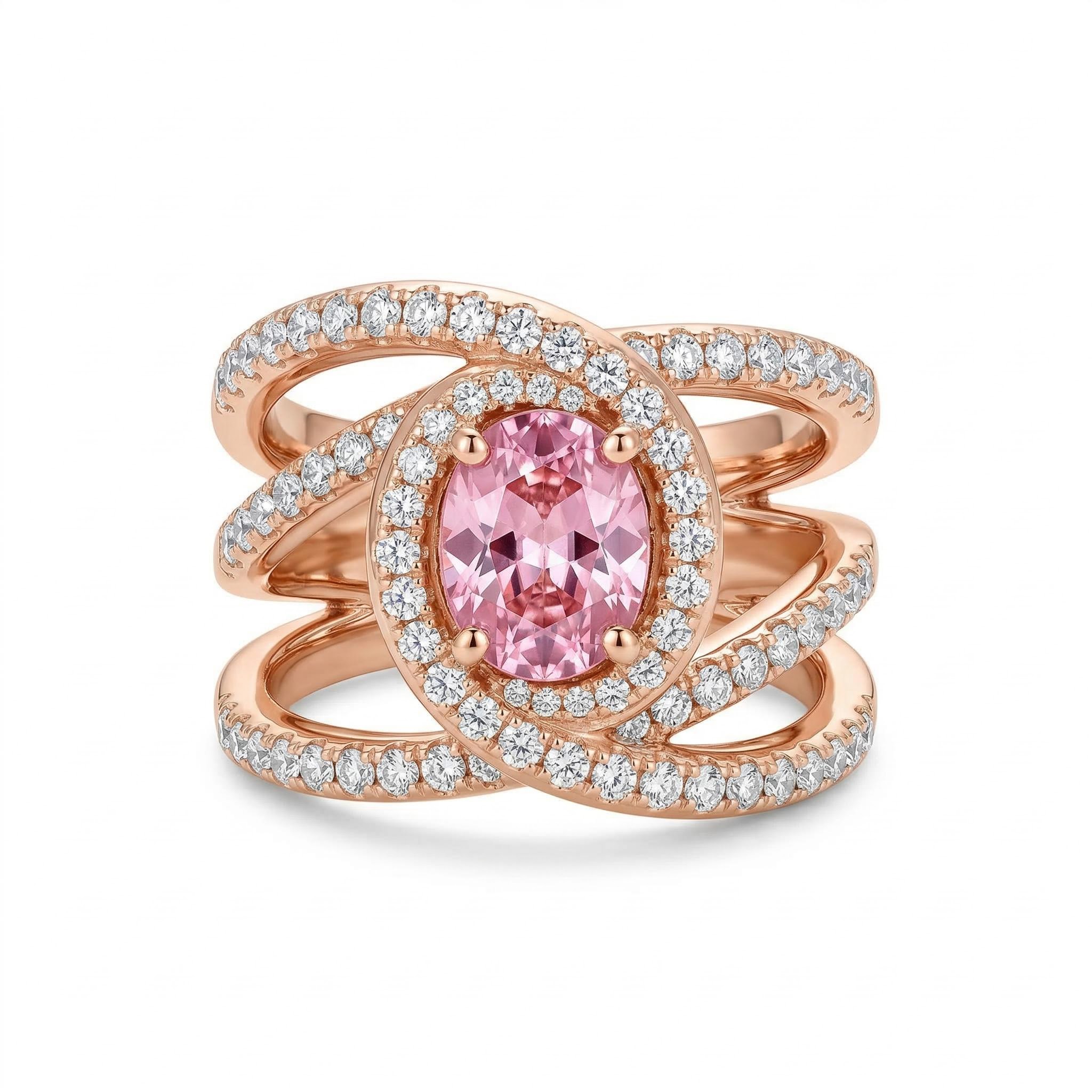 Bold Glittering Waved Oval Cut Engagement Ring In 18k Rose Gold Plated