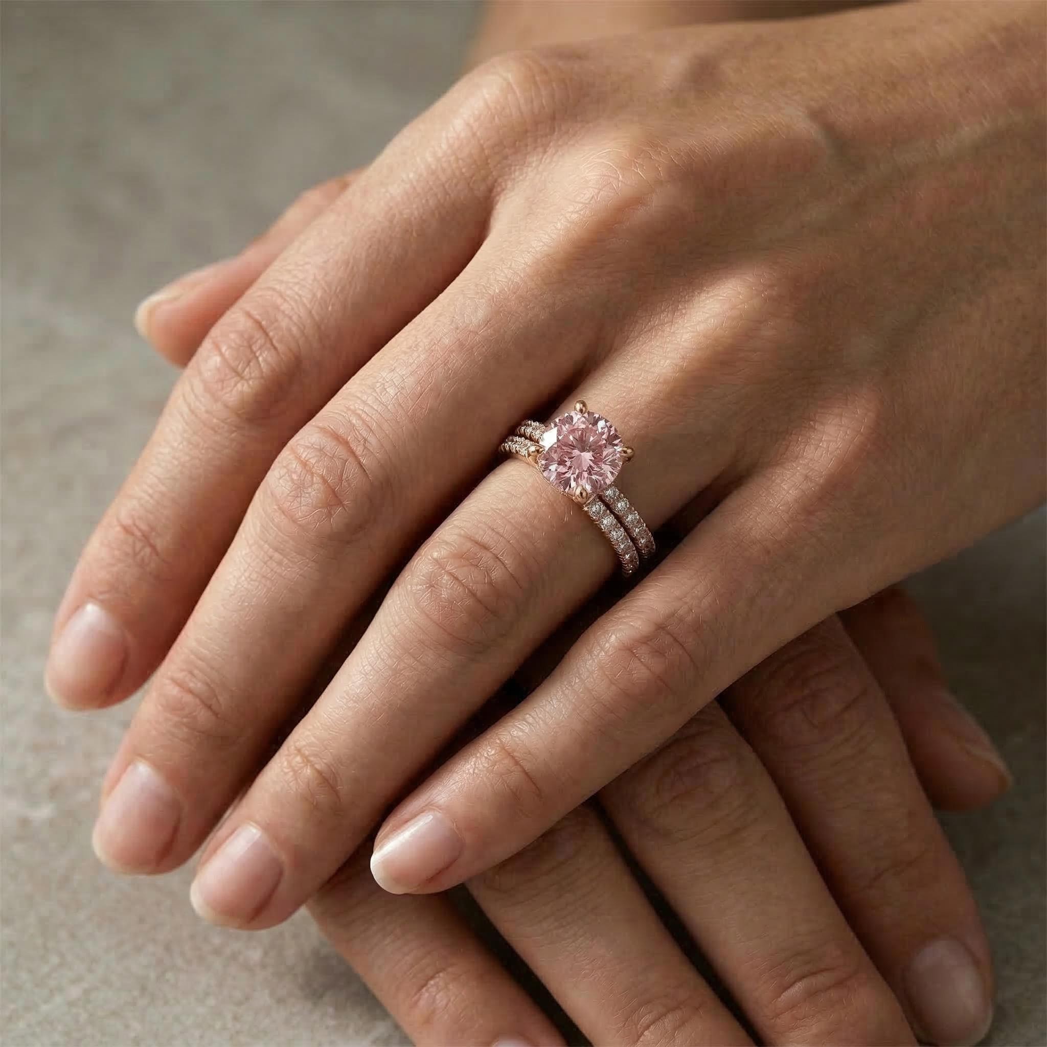 Sparkling Pink Cushion Cut Halo Engagement Ring Set In 18k Rose Gold Plated - Image 3