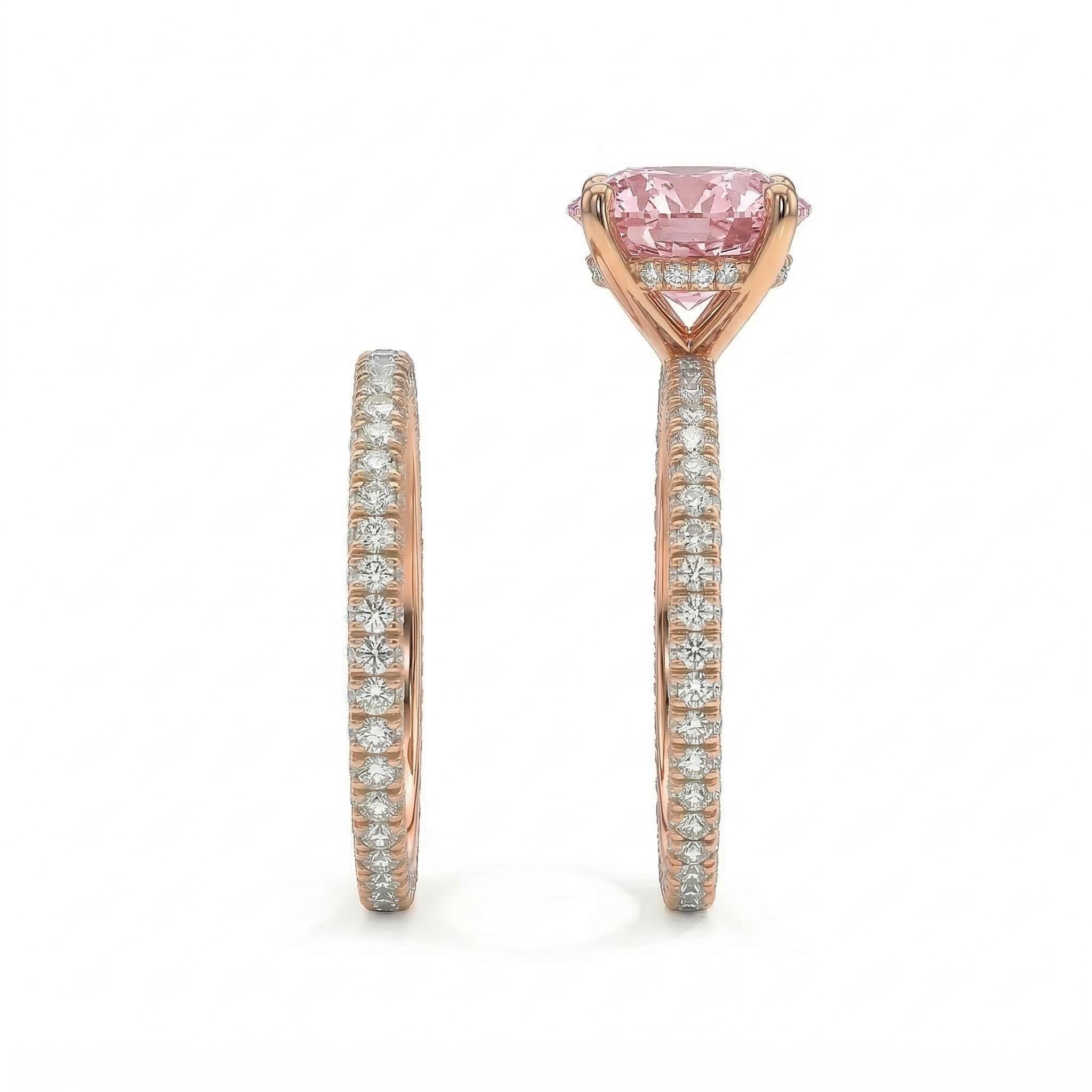 Sparkling Pink Cushion Cut Halo Engagement Ring Set In 18k Rose Gold Plated - Image 4