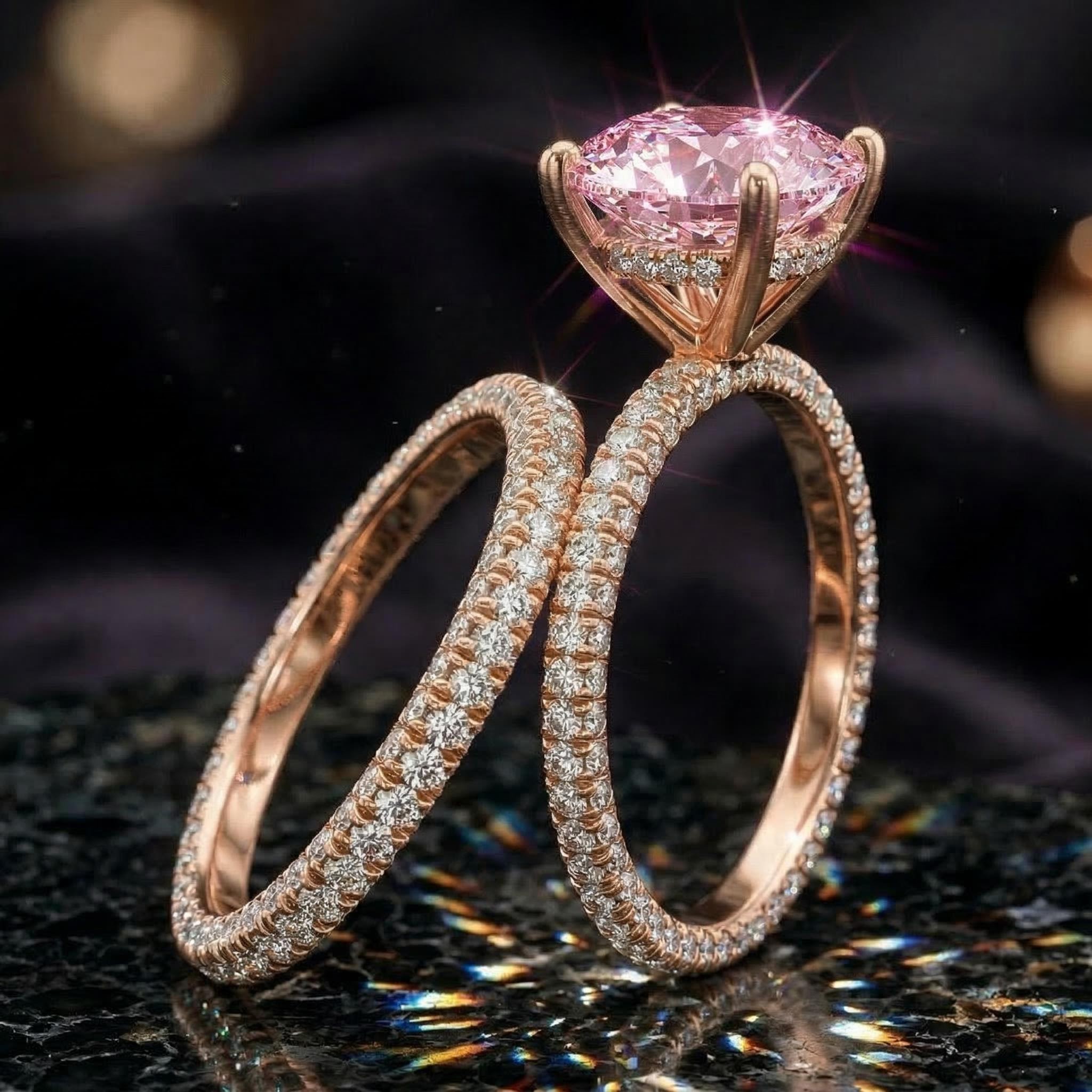 Sparkling Pink Cushion Cut Halo Engagement Ring Set In 18k Rose Gold Plated - Image 6