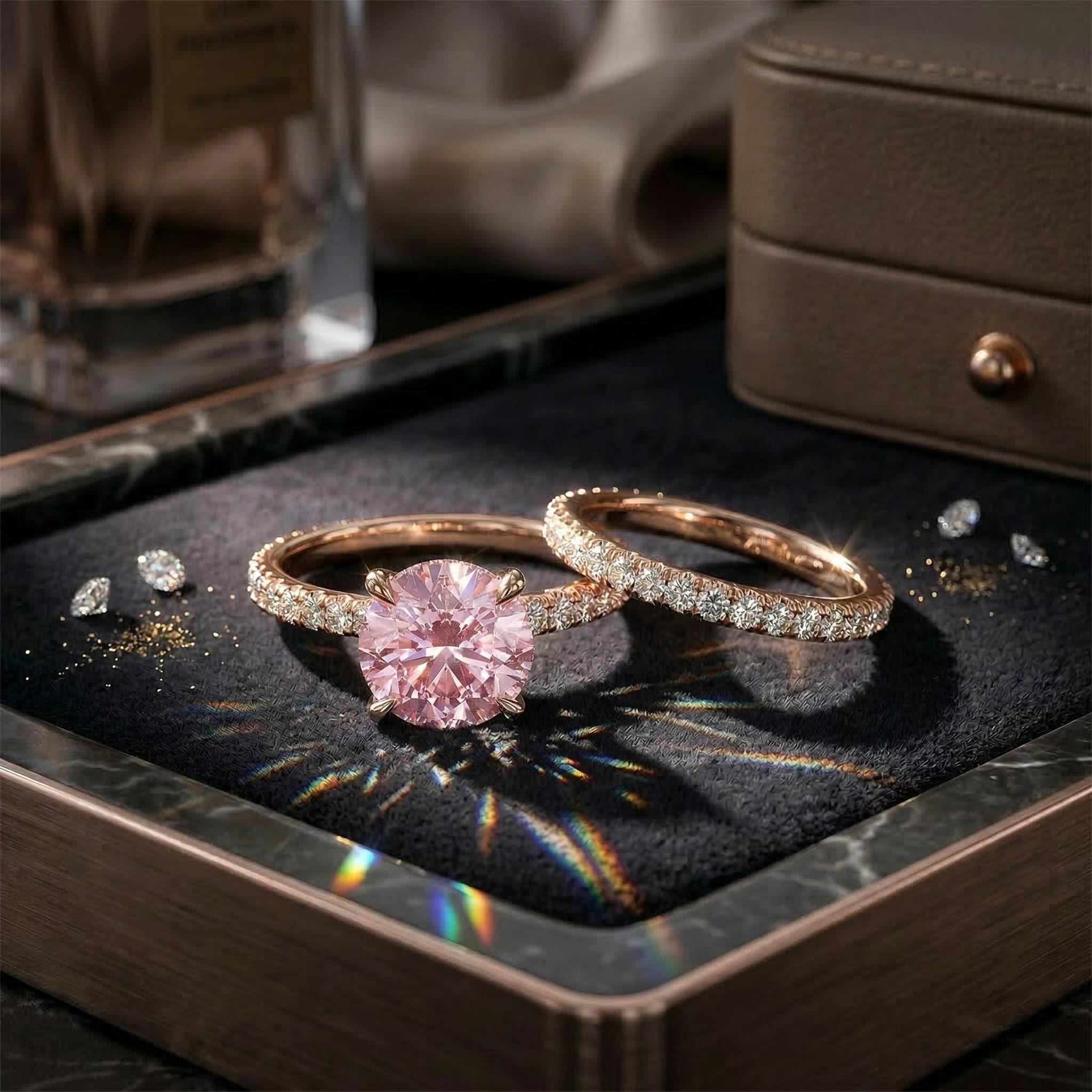 Sparkling Pink Cushion Cut Halo Engagement Ring Set In 18k Rose Gold Plated - Image 7