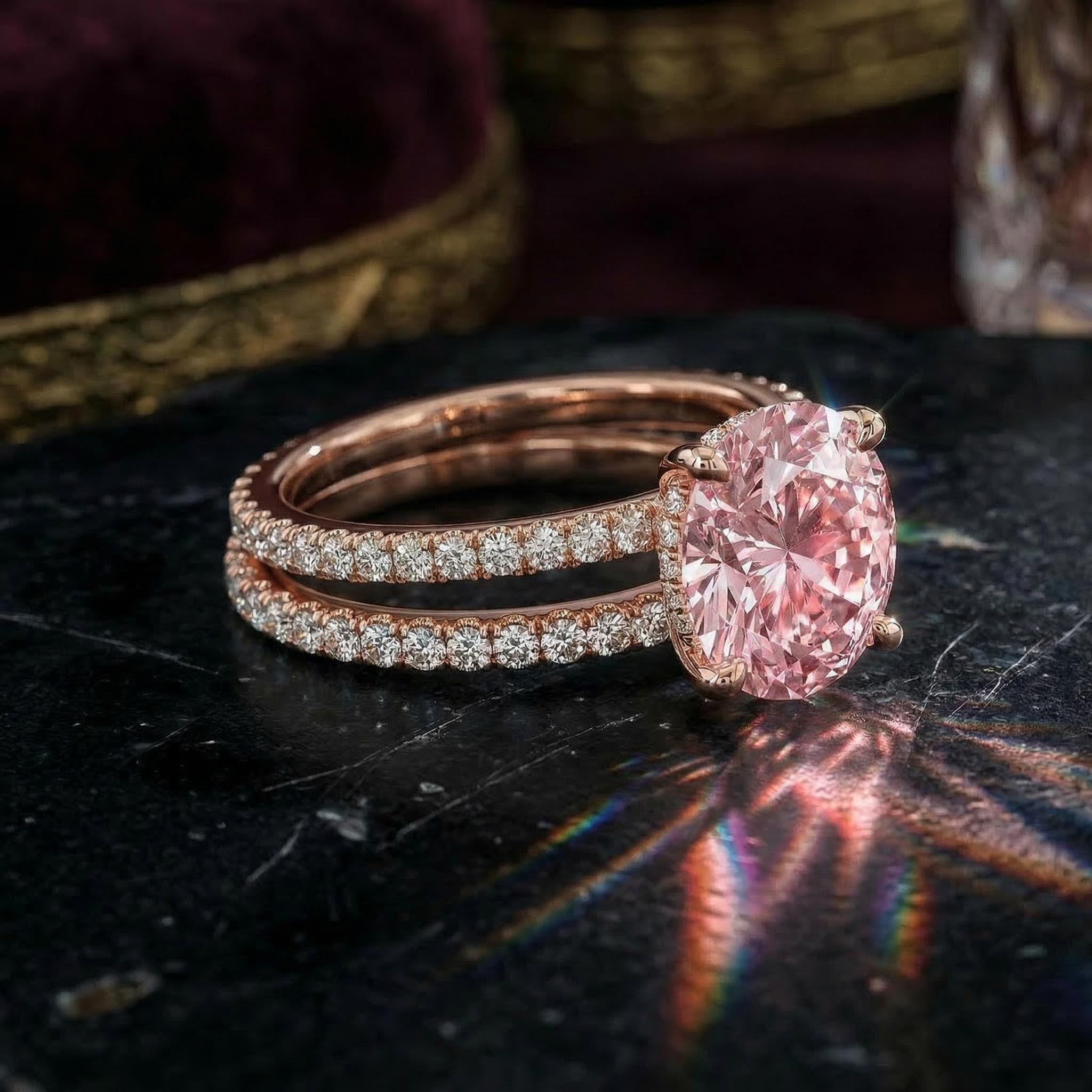 Sparkling Pink Cushion Cut Halo Engagement Ring Set In 18k Rose Gold Plated - Image 8