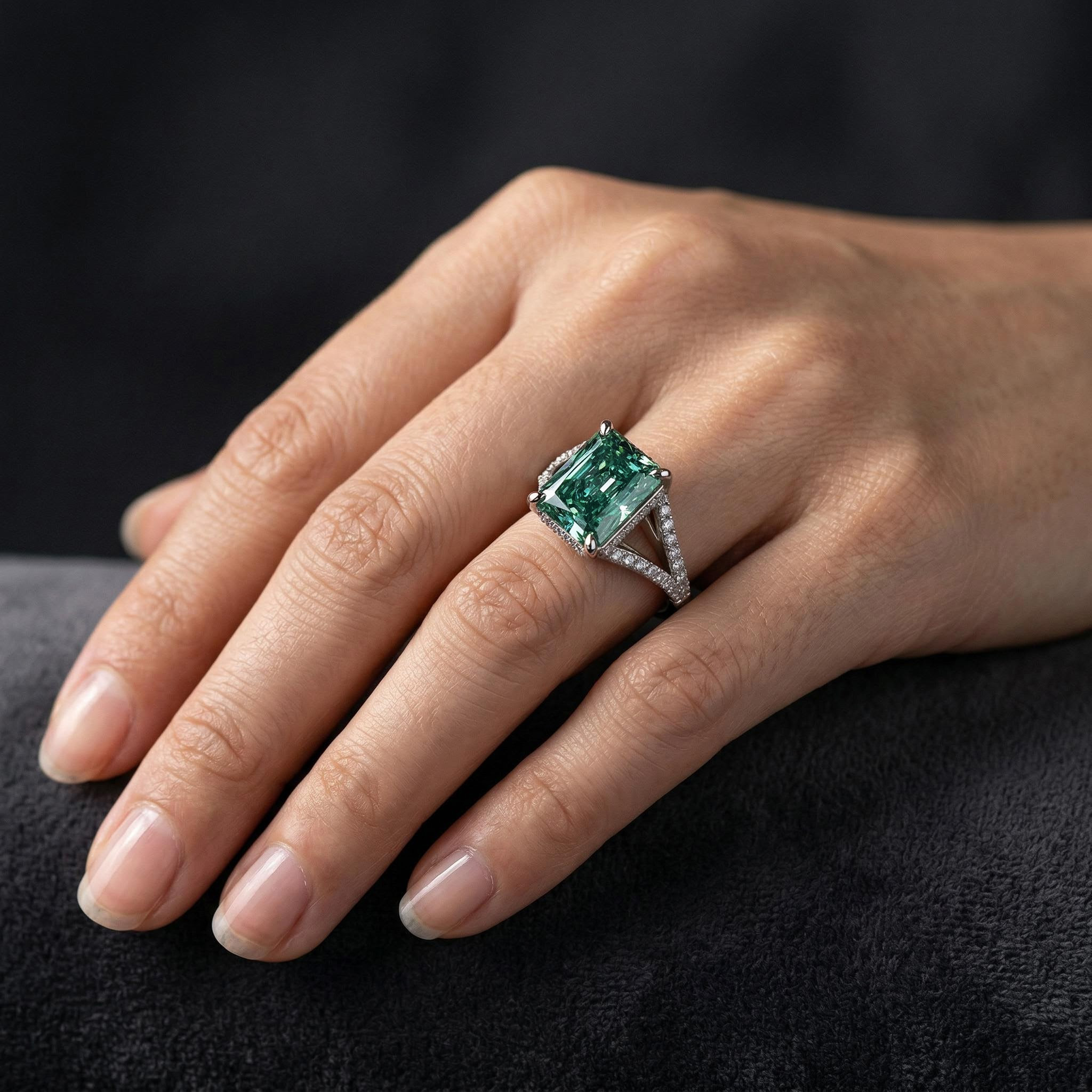 Bold 9ct Fancy Blue Green Radiant Cut Sterling Silver Engagement Ring - Image 3
