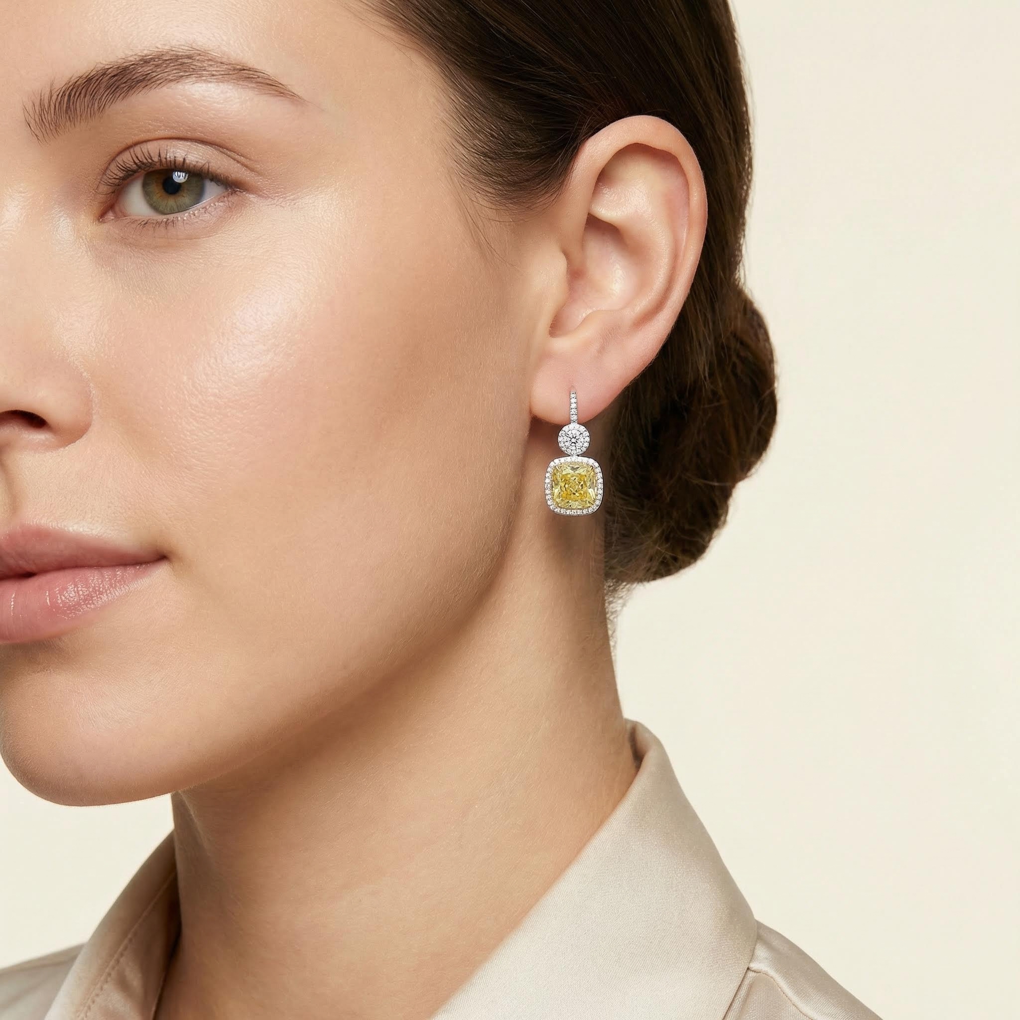 White Round Cut & Fancy Yellow Cushion Cut Halo Earring In Sterling Silver - Image 3