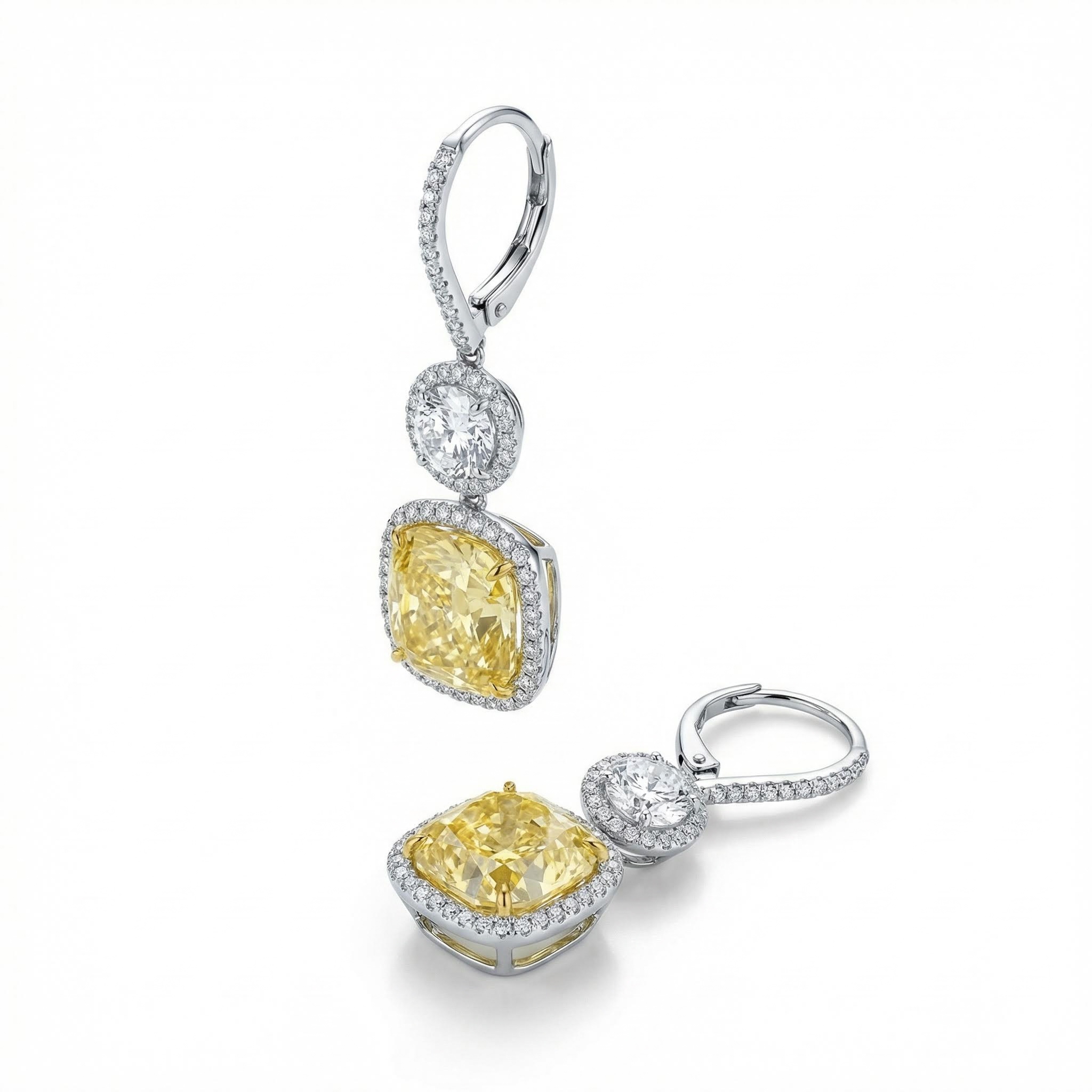 White Round Cut & Fancy Yellow Cushion Cut Halo Earring In Sterling Silver - Image 4