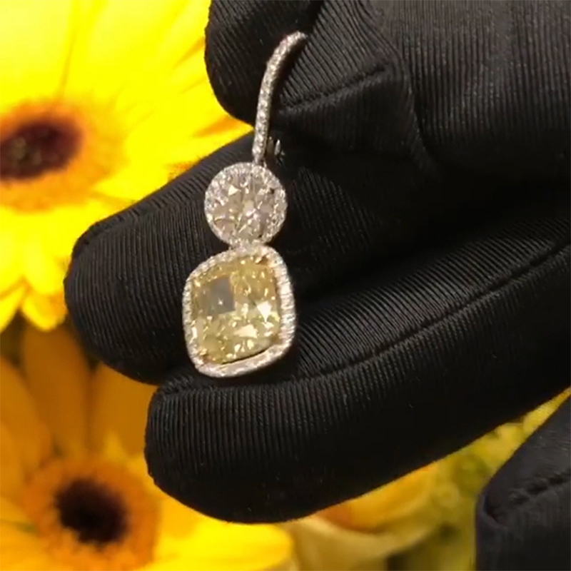 White Round Cut & Fancy Yellow Cushion Cut Halo Earring In Sterling Silver - Image 5