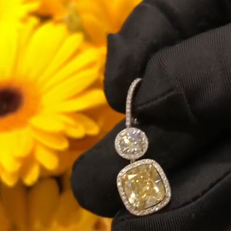 White Round Cut & Fancy Yellow Cushion Cut Halo Earring In Sterling Silver - Image 6