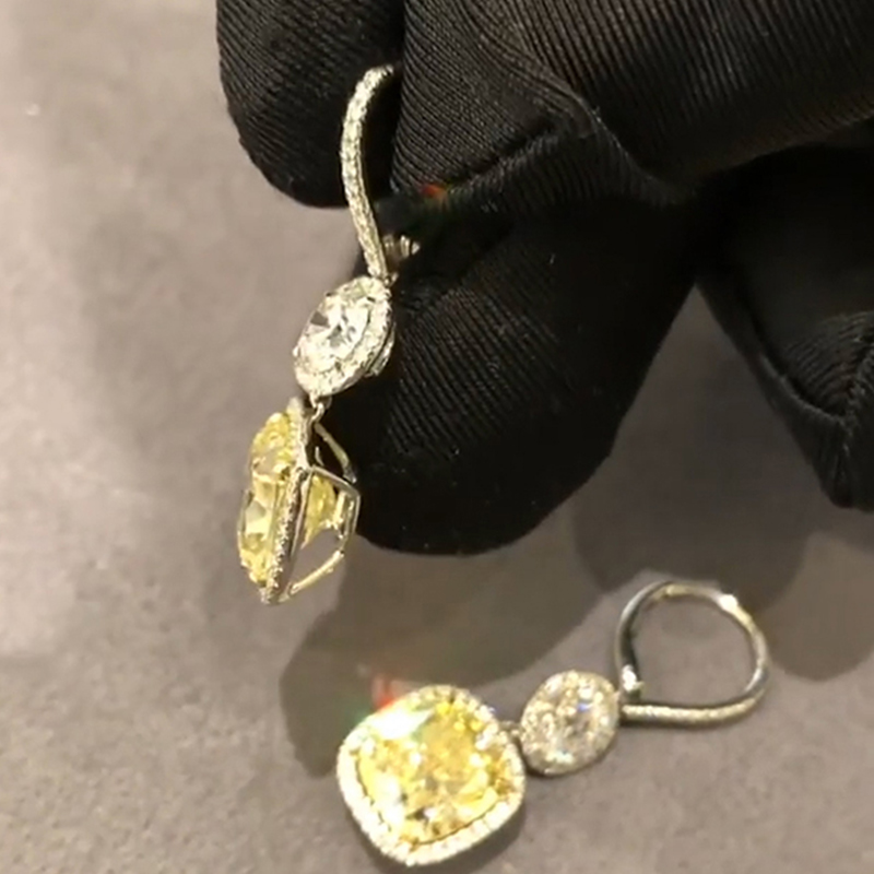 White Round Cut & Fancy Yellow Cushion Cut Halo Earring In Sterling Silver - Image 7