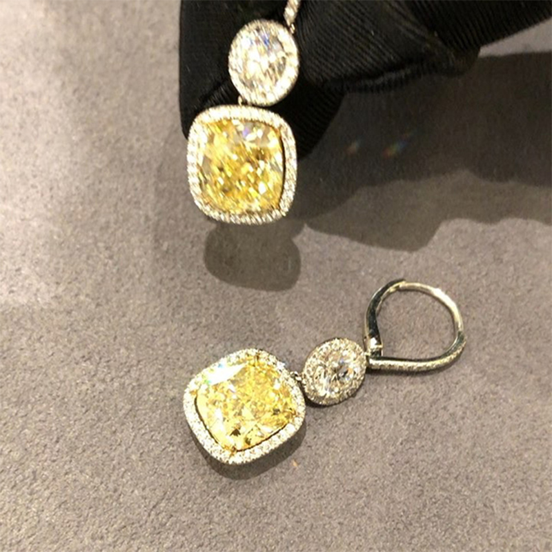 White Round Cut & Fancy Yellow Cushion Cut Halo Earring In Sterling Silver - Image 8