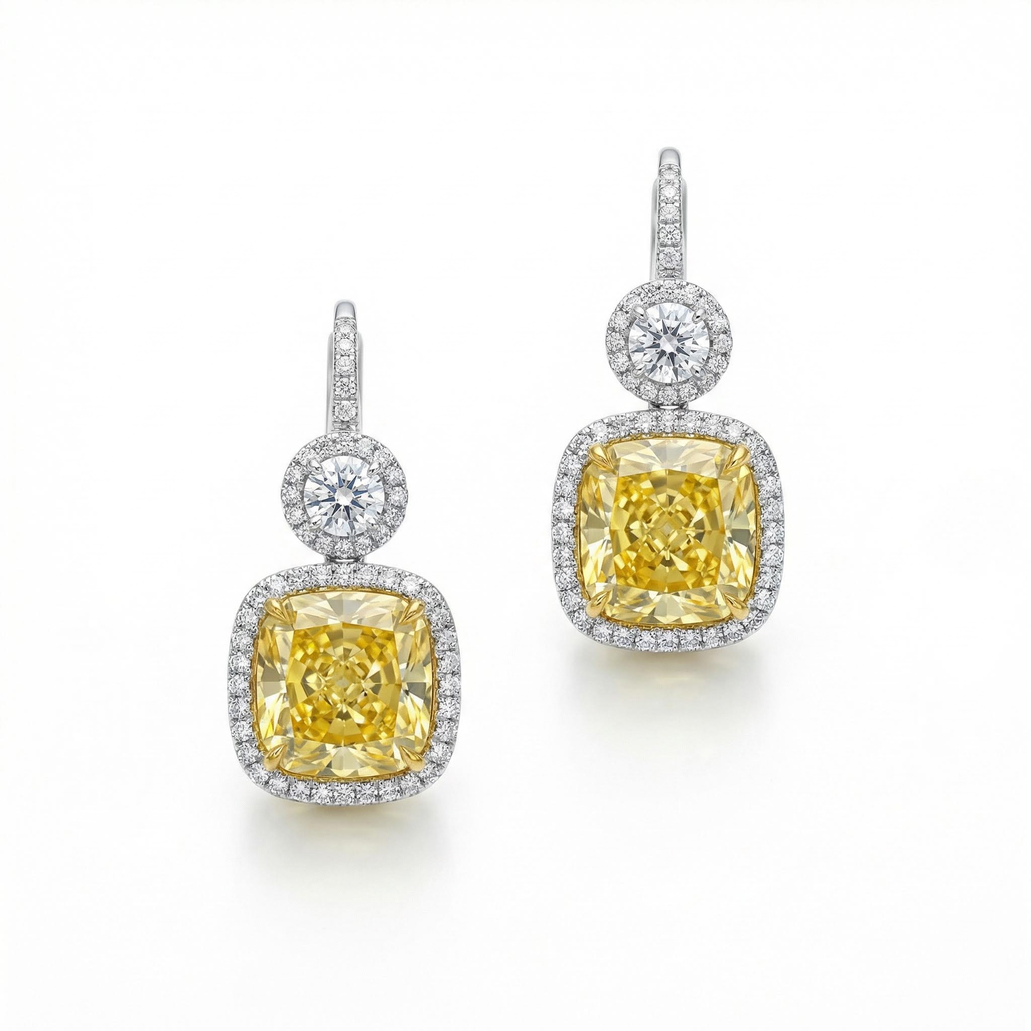 White Round Cut & Fancy Yellow Cushion Cut Halo Earring In Sterling Silver