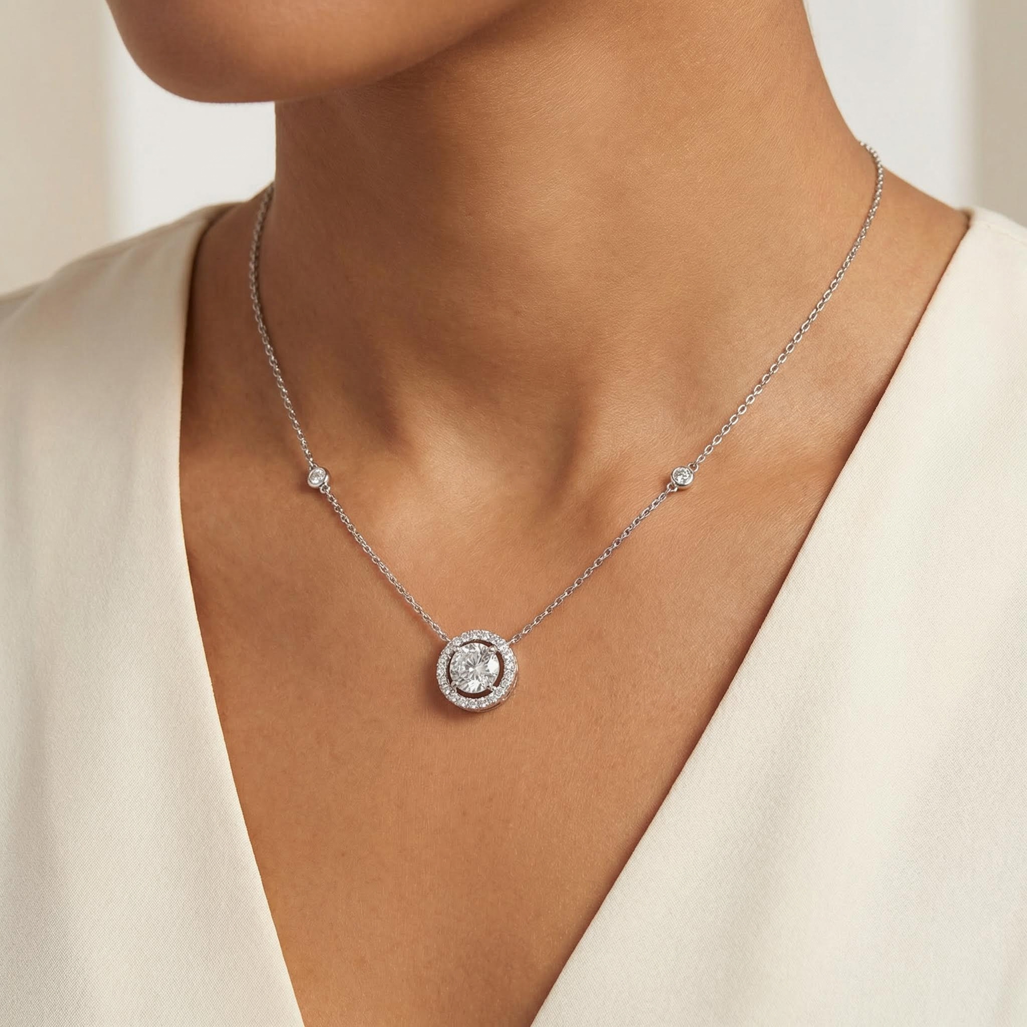 Bold 18 Dazzling Round Cut Halo Circle Pendant Necklace In Sterling Silver - Image 3