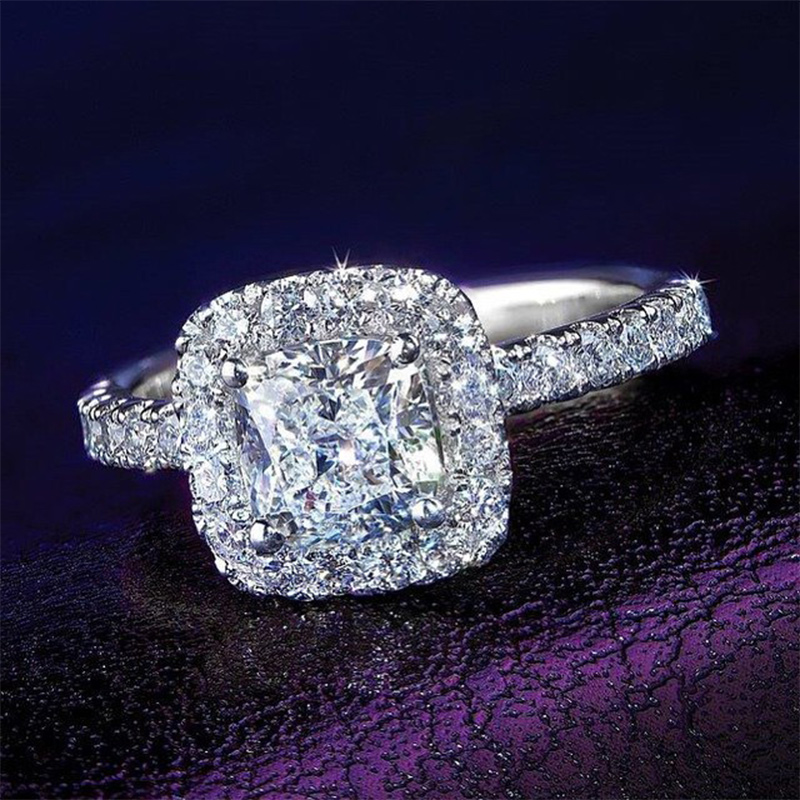 Iced Out Cushion Cut 925 Sterling Silver Engagement Ring With Silver Shine
