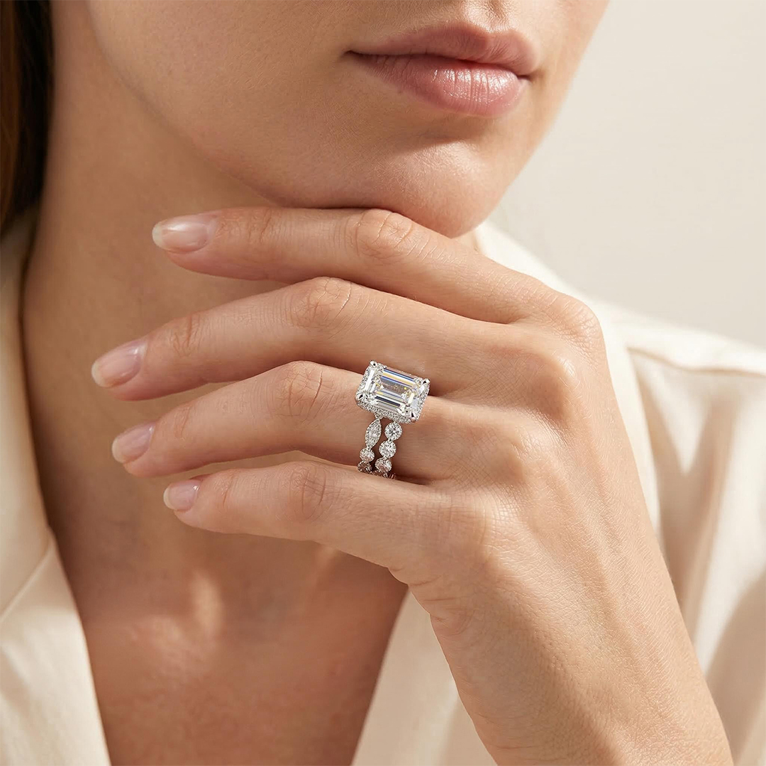 Street Luxury Flawless Emerald Cut Engagement Ring Set In Sterling Silver - Image 3