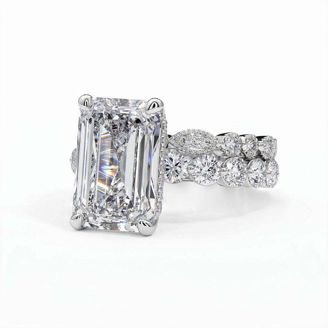 Street Luxury Flawless Emerald Cut Engagement Ring Set In Sterling Silver - Image 4