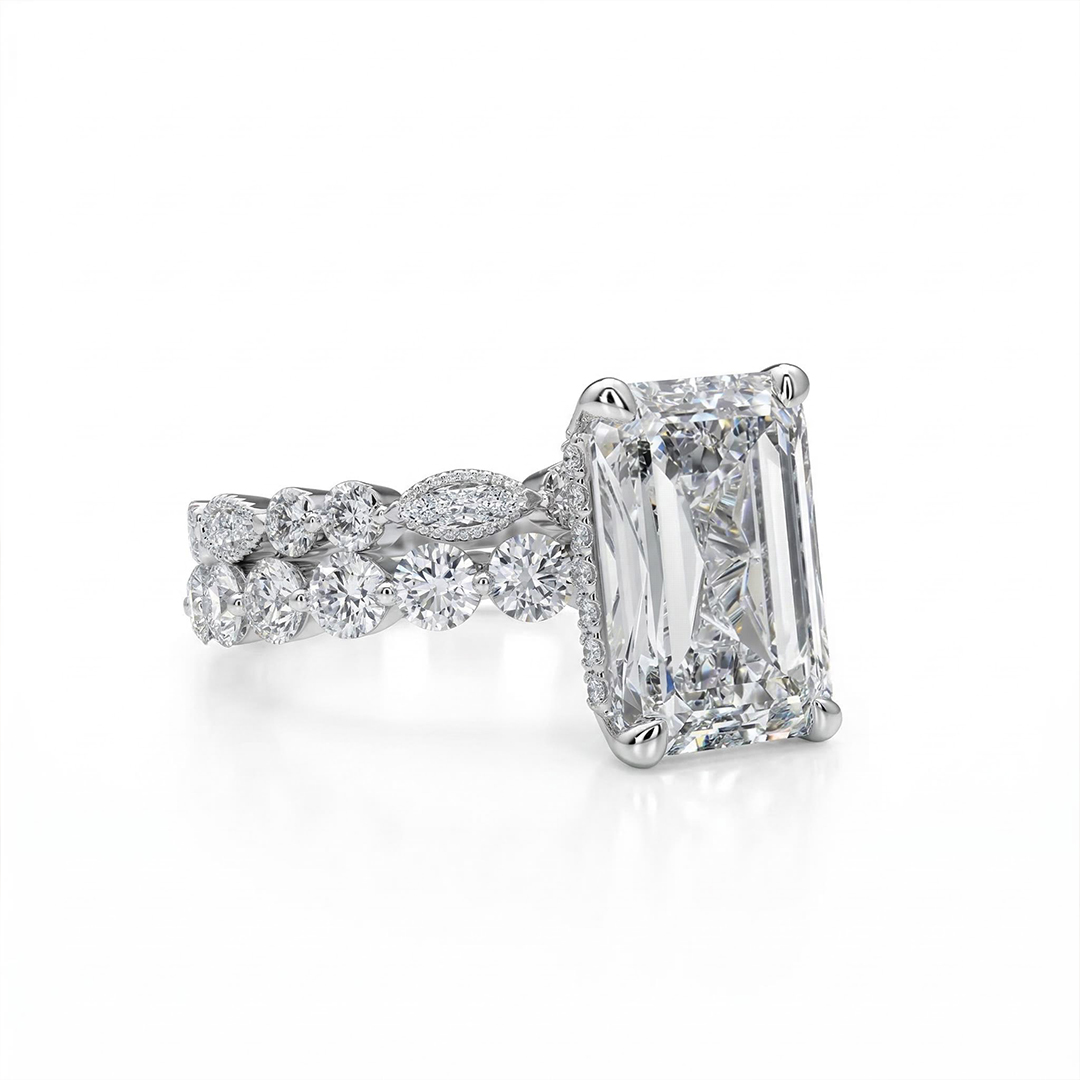 Street Luxury Flawless Emerald Cut Engagement Ring Set In Sterling Silver - Image 5