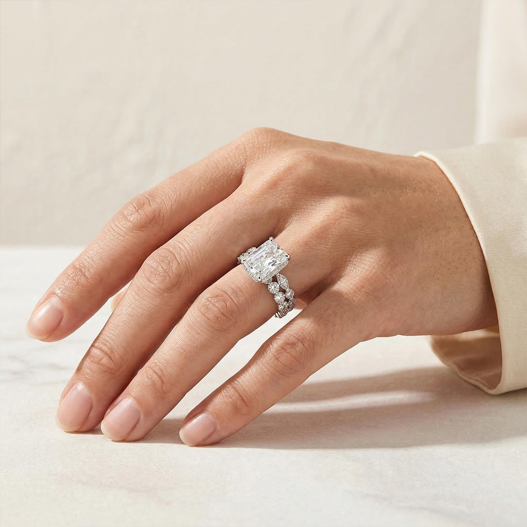 Street Luxury Flawless Emerald Cut Engagement Ring Set In Sterling Silver - Image 7