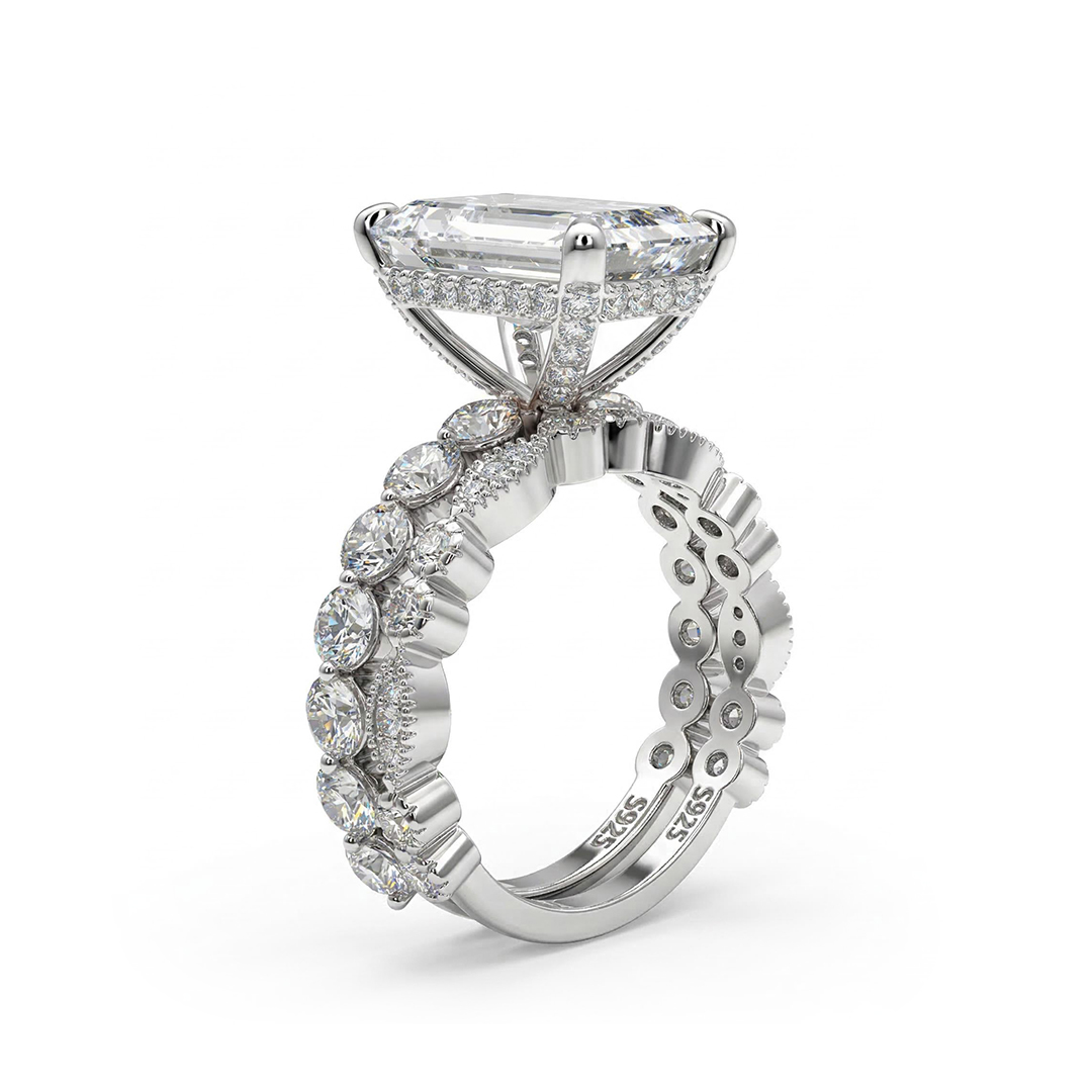 Street Luxury Flawless Emerald Cut Engagement Ring Set In Sterling Silver