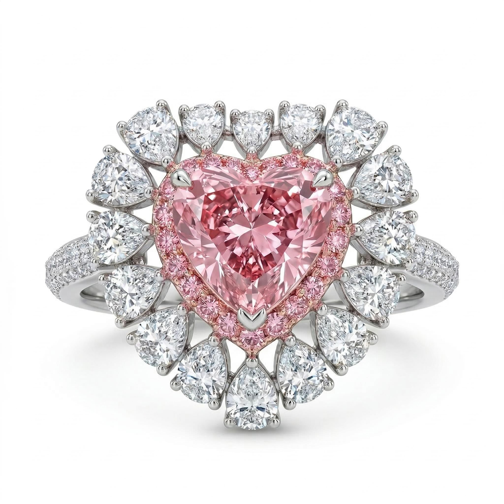 Pink Sweet Heart Cut & Pear Cut Engagement Ring In Sterling Silver Diamond