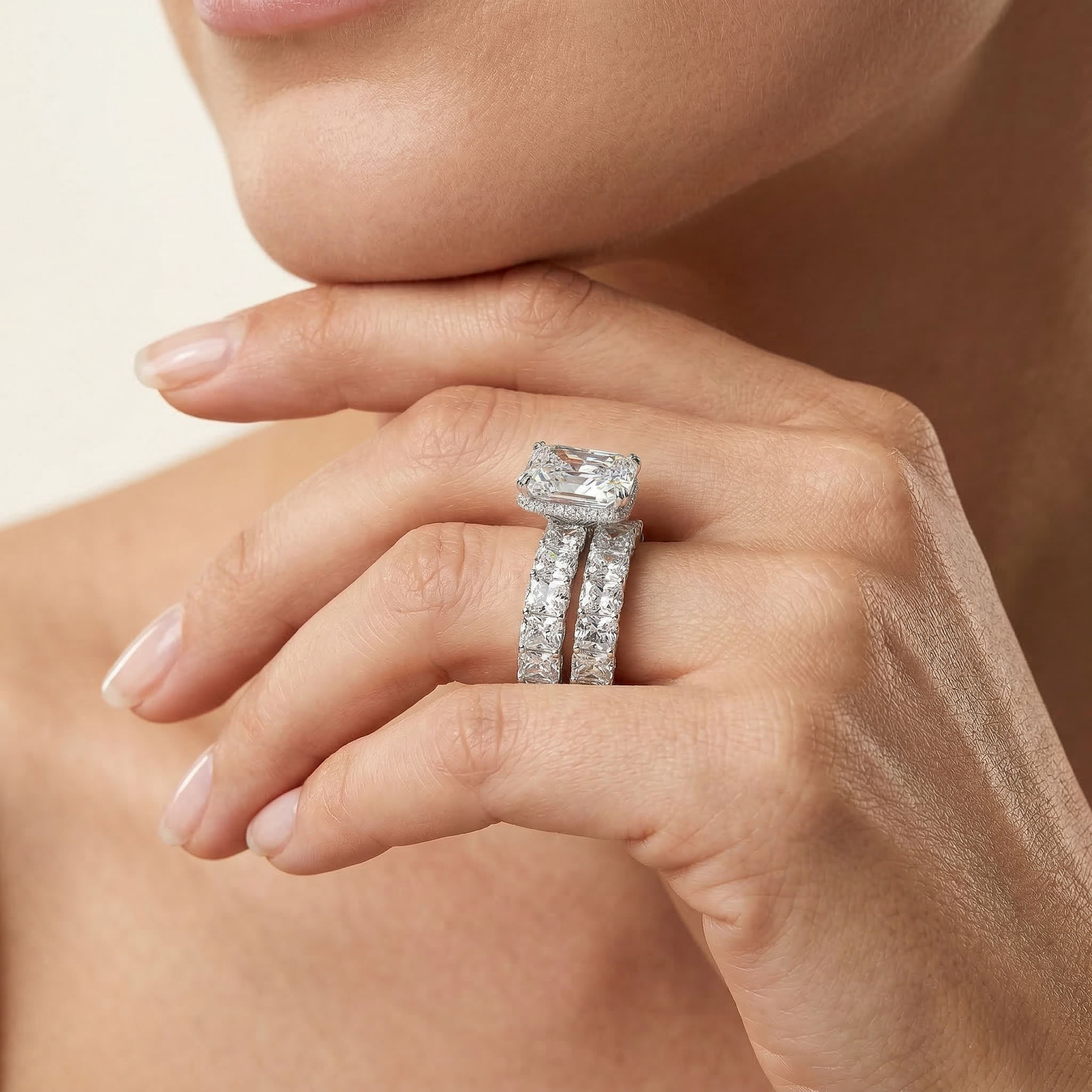 Bold Micro Pave Radiant Cut 925 Sterling Silver Engagement Ring Set - Image 3
