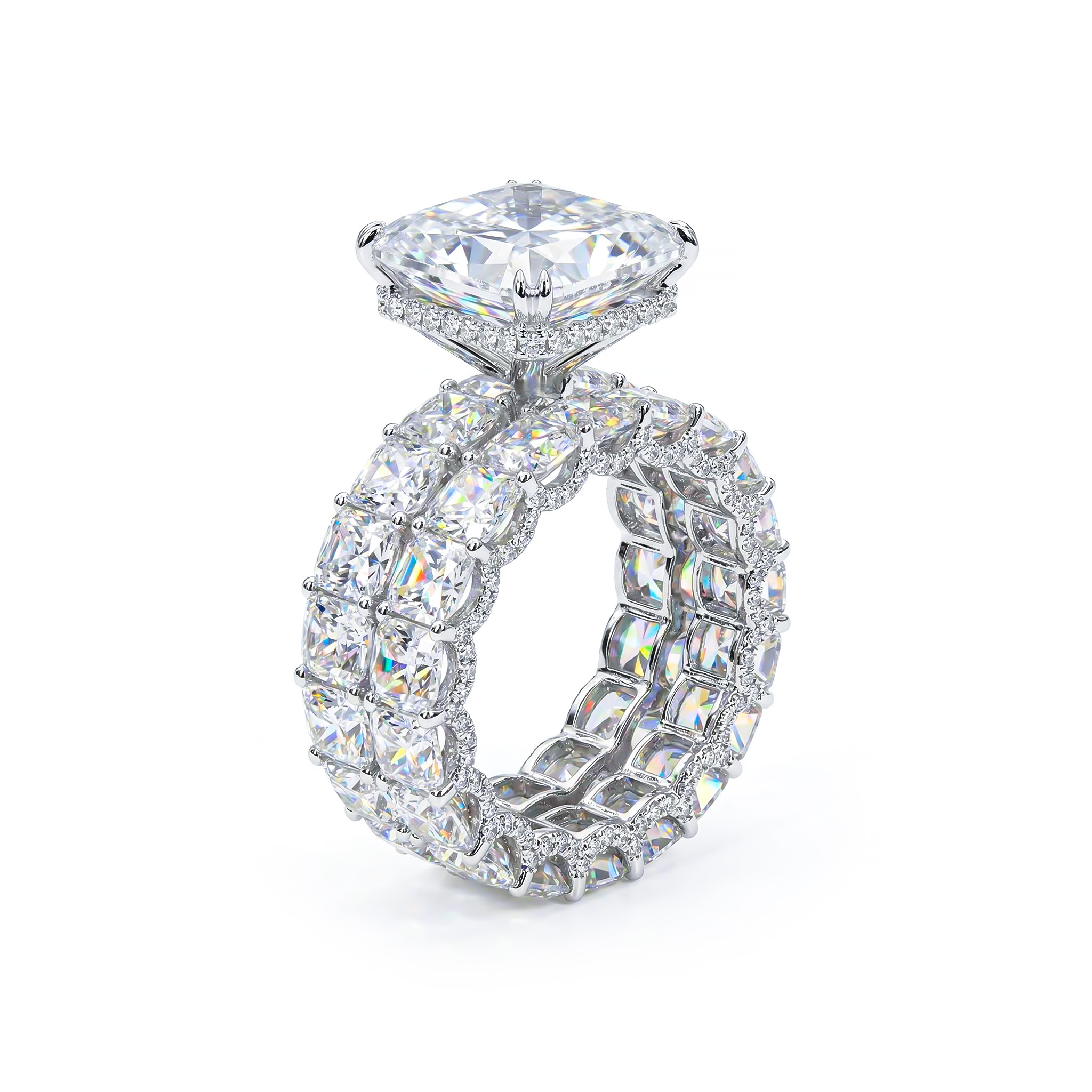 Bold Micro Pave Radiant Cut 925 Sterling Silver Engagement Ring Set