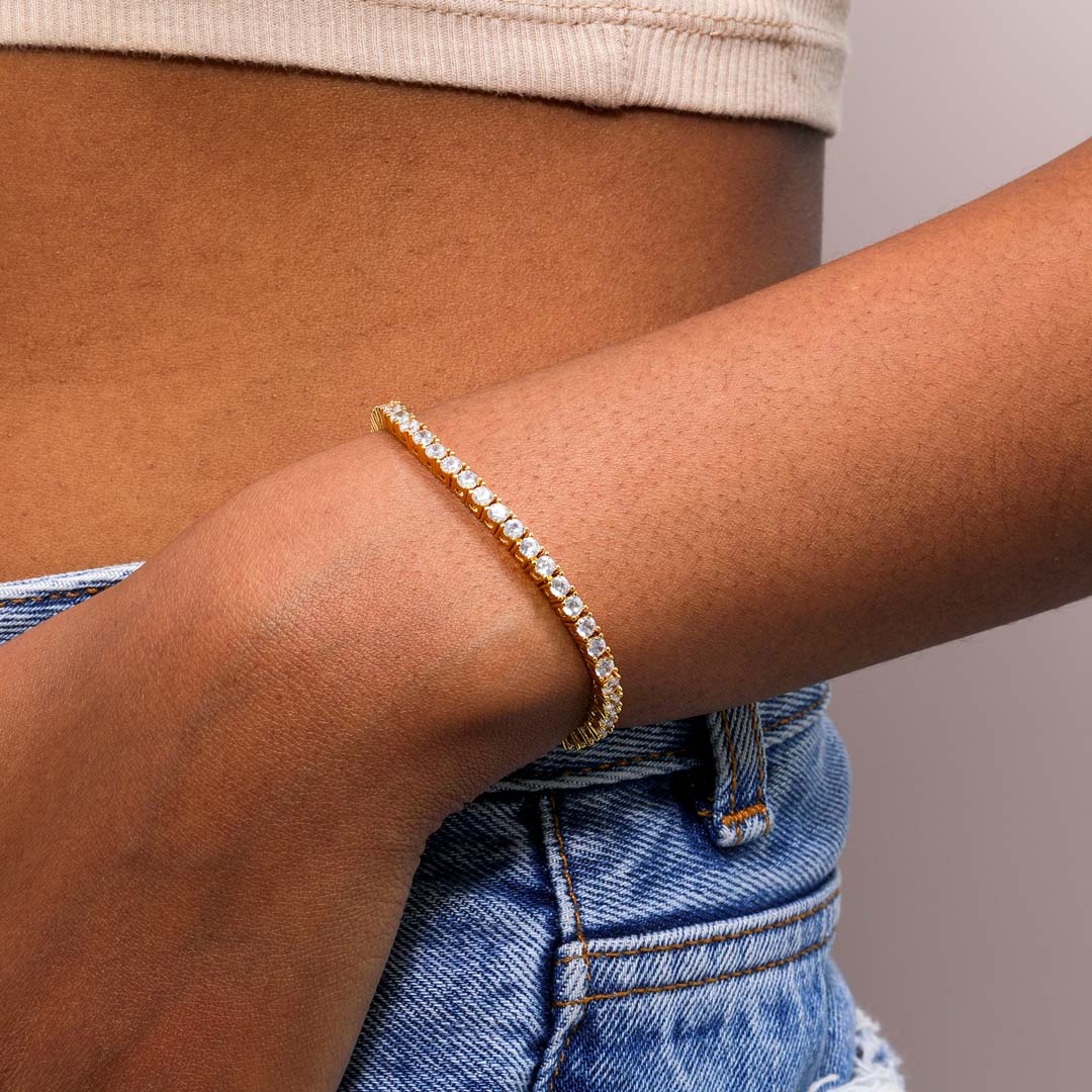 Women's 3mm Single Row Tennis Bracelet In Gold With Iced Out Shine - Image 5