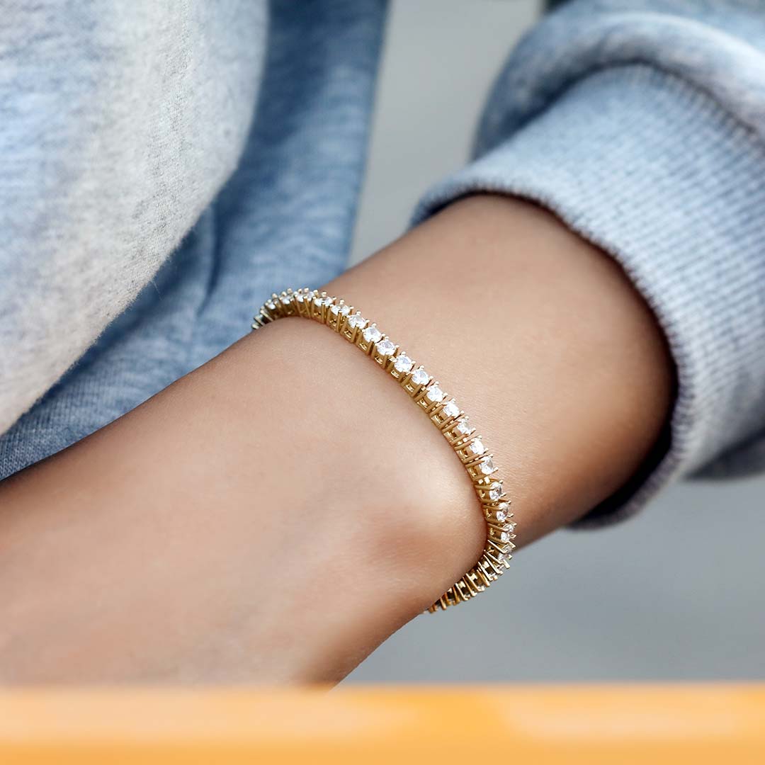 Women's 3mm Single Row Tennis Bracelet In Gold With Iced Out Shine - Image 6