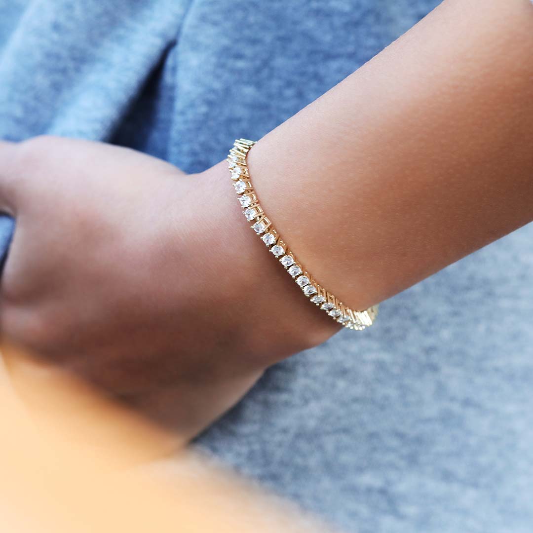 Women's 3mm Single Row Tennis Bracelet In Gold With Iced Out Shine - Image 7