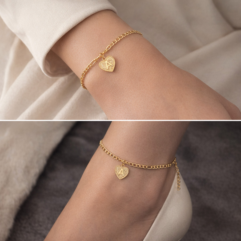 Personalized Heart Initial Letter Bracelet & Anklet Gold - Image 6