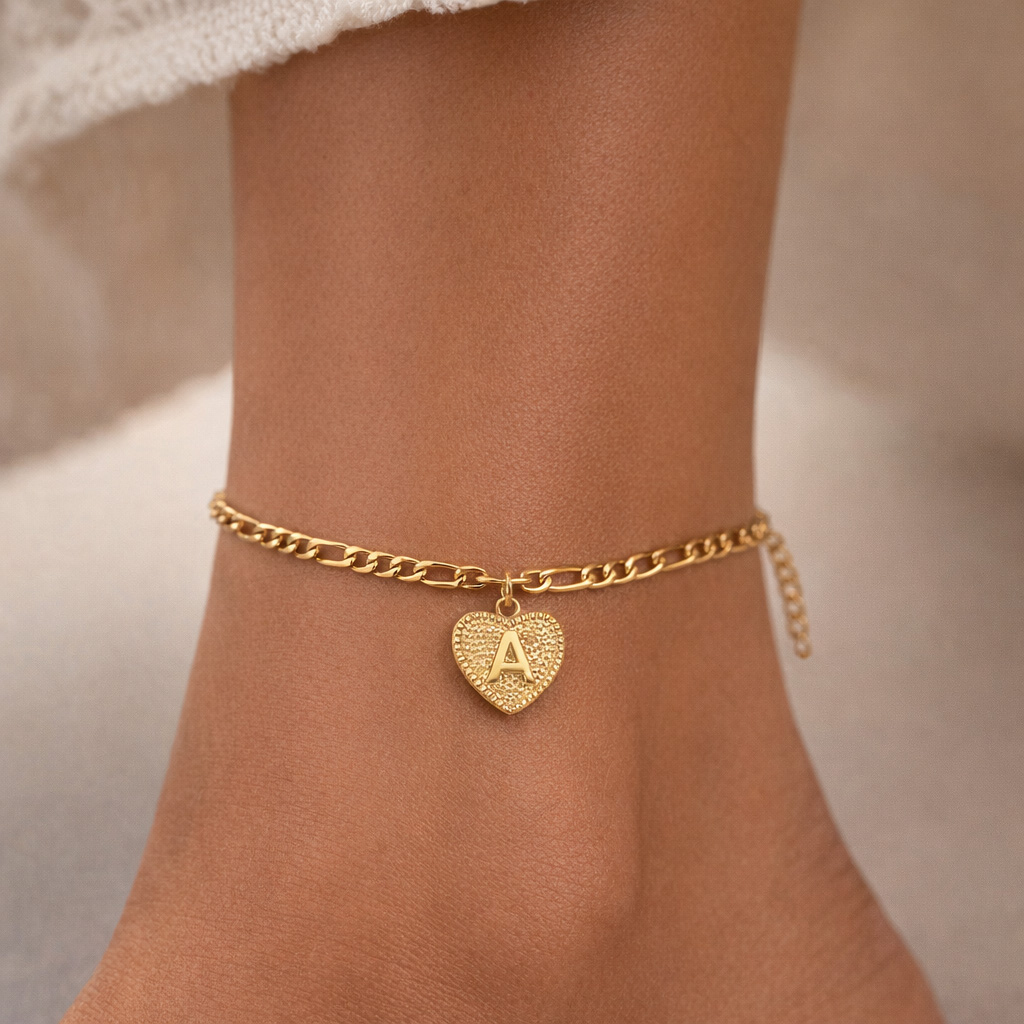 Personalized Heart Initial Letter Bracelet & Anklet Gold - Image 7