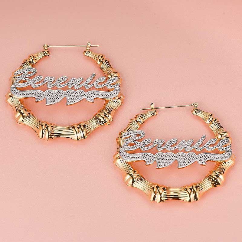 Personalized Two Tone Double Heart Bamboo Name Hoop Earrings Gold - Image 3