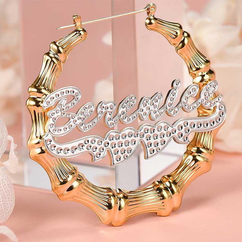 Personalized Two Tone Double Heart Bamboo Name Hoop Earrings Gold - Image 4
