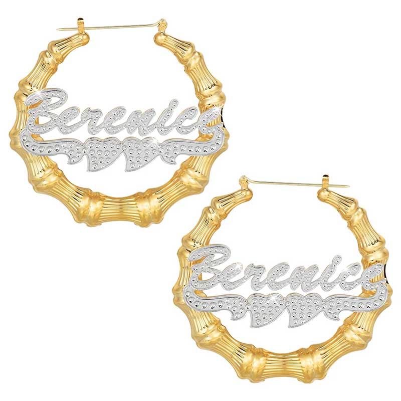Personalized Two Tone Double Heart Bamboo Name Hoop Earrings Gold