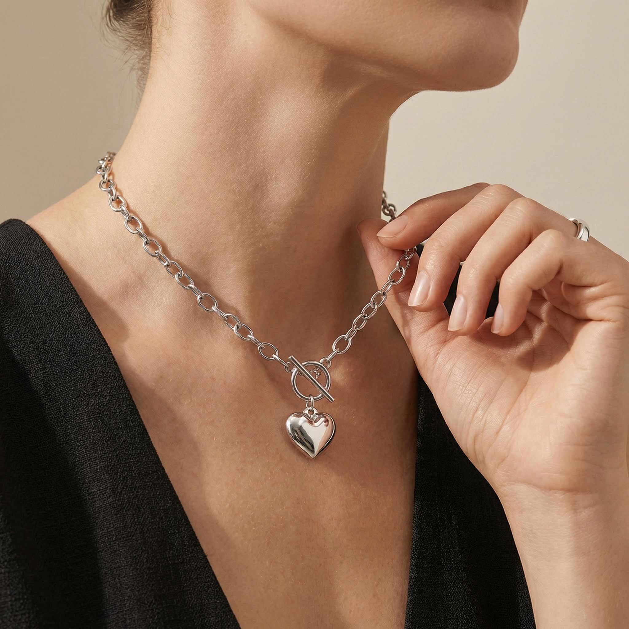 Women's Stainless Steel Heart Toggle Clasp Necklace With Bold Premium Edge - Image 3