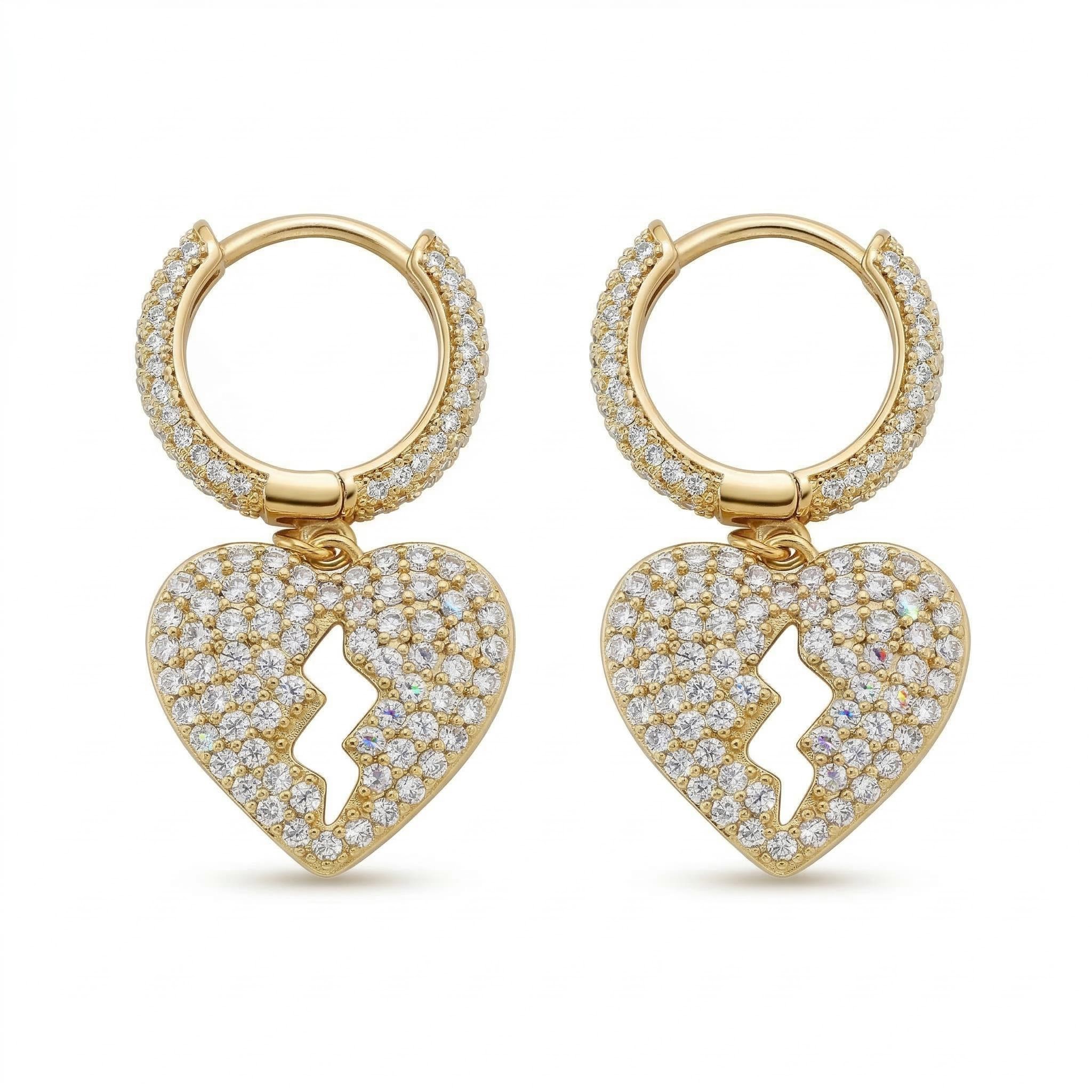 Women's Iced Out Broken Heart Dangle Earrings Gold With Street Luxury Shine